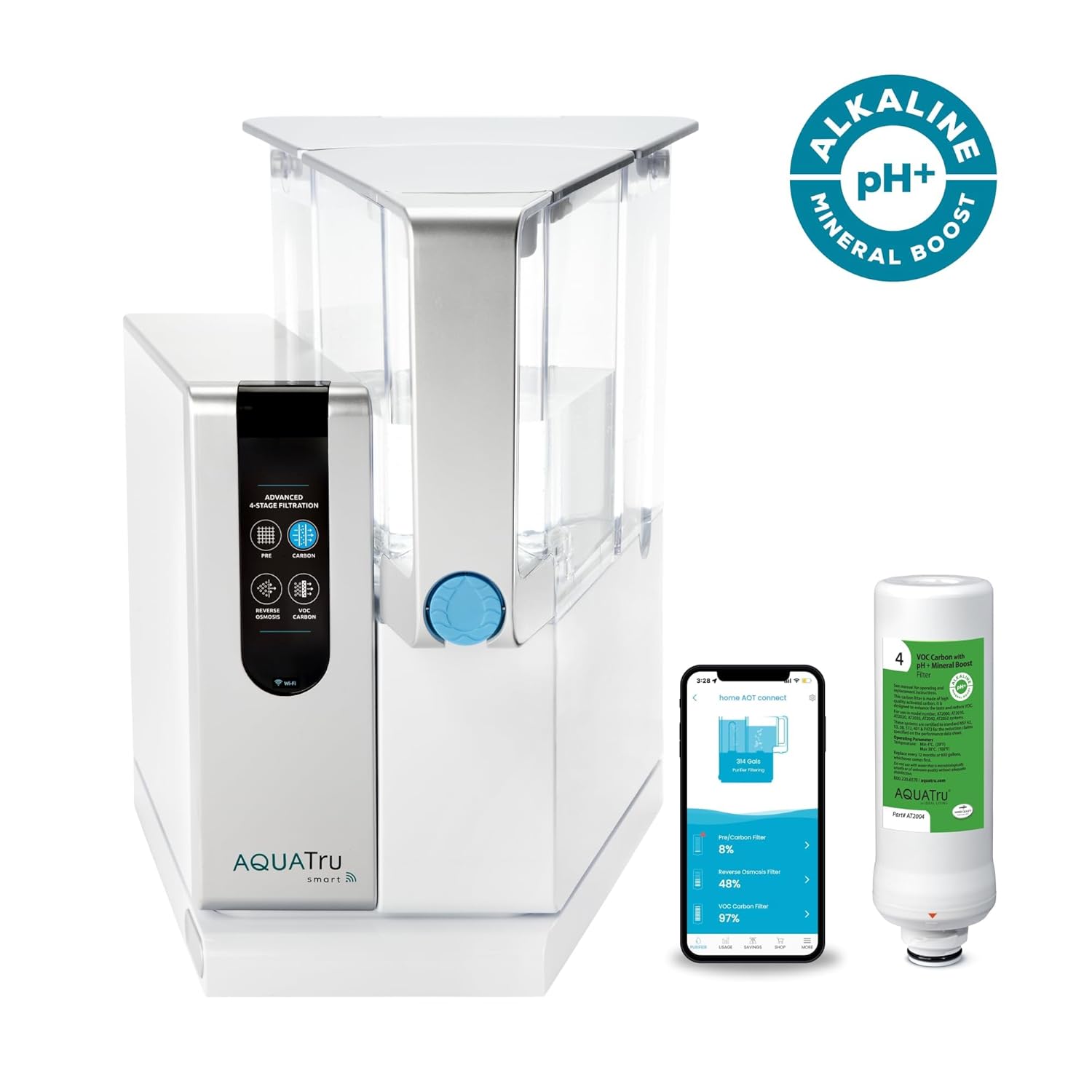 AquaTru - Classic Smart Alkaline PH Countertop Water Purifier for Forever PFOA, PFOS & Other Contaminants with App - White