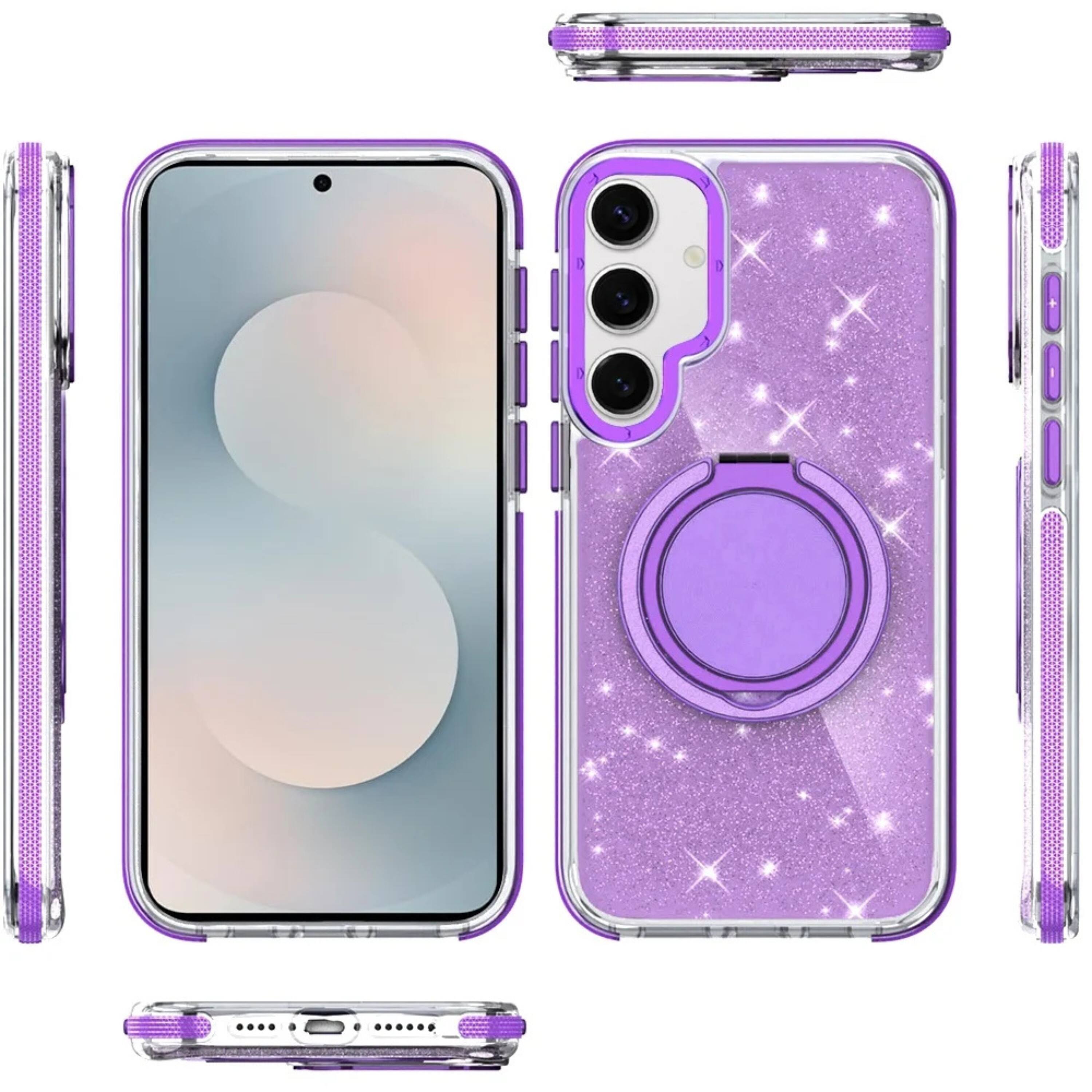Angle. Kitcheniva - Full Glitter Bling Magnetic Circle Stand Phone Case With Tempered Glass For Samsung S26 6.3 Inch Purple - Purple.
