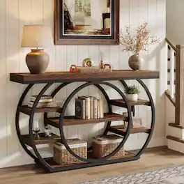 Tribesigns - Industrial Console Table with Wood Construction, Metal Frame and Storage Shelves for Entryway and Hallway - Brown