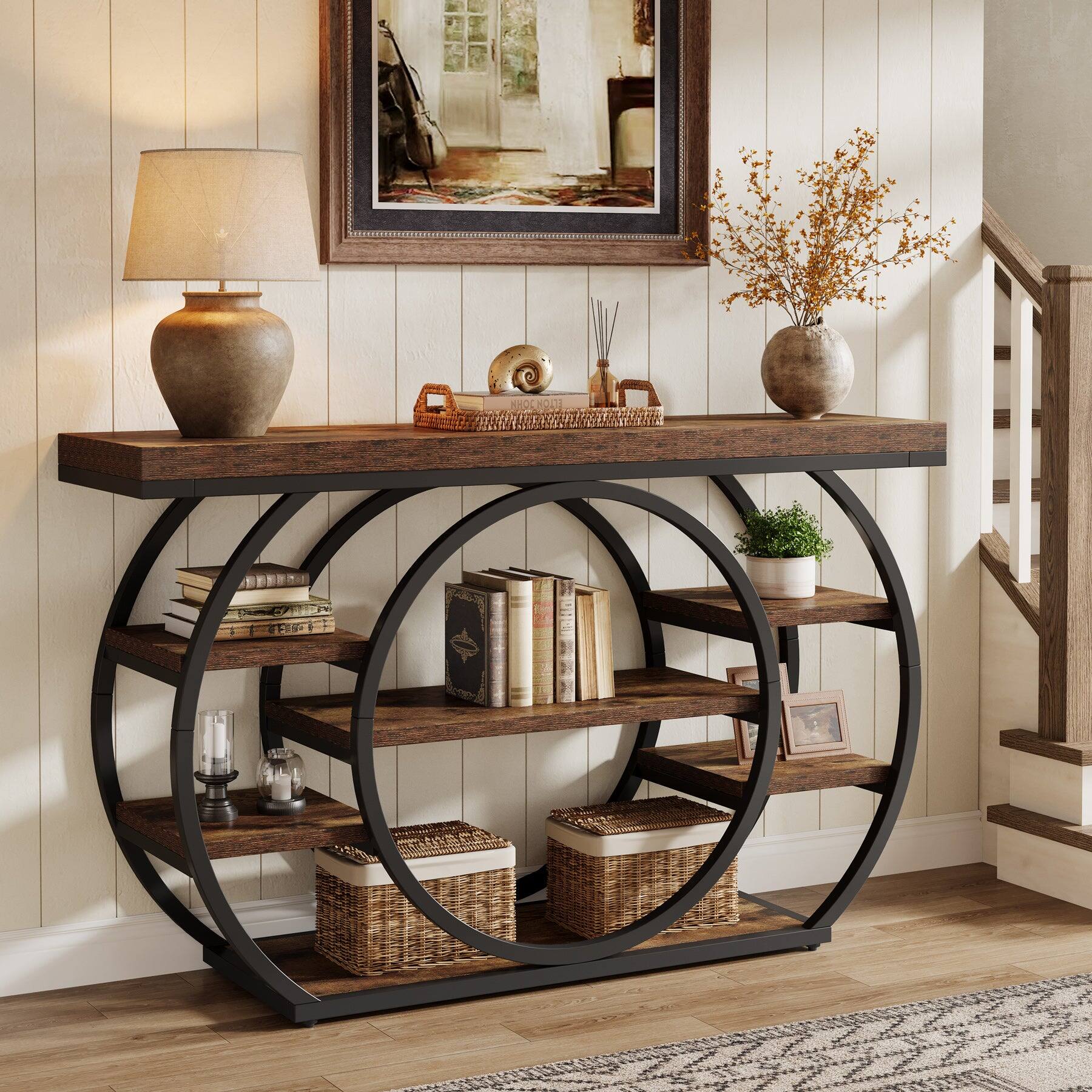 Front. Tribesigns - Industrial Console Table with Wood Construction, Metal Frame and Storage Shelves for Entryway and Hallway - Brown.