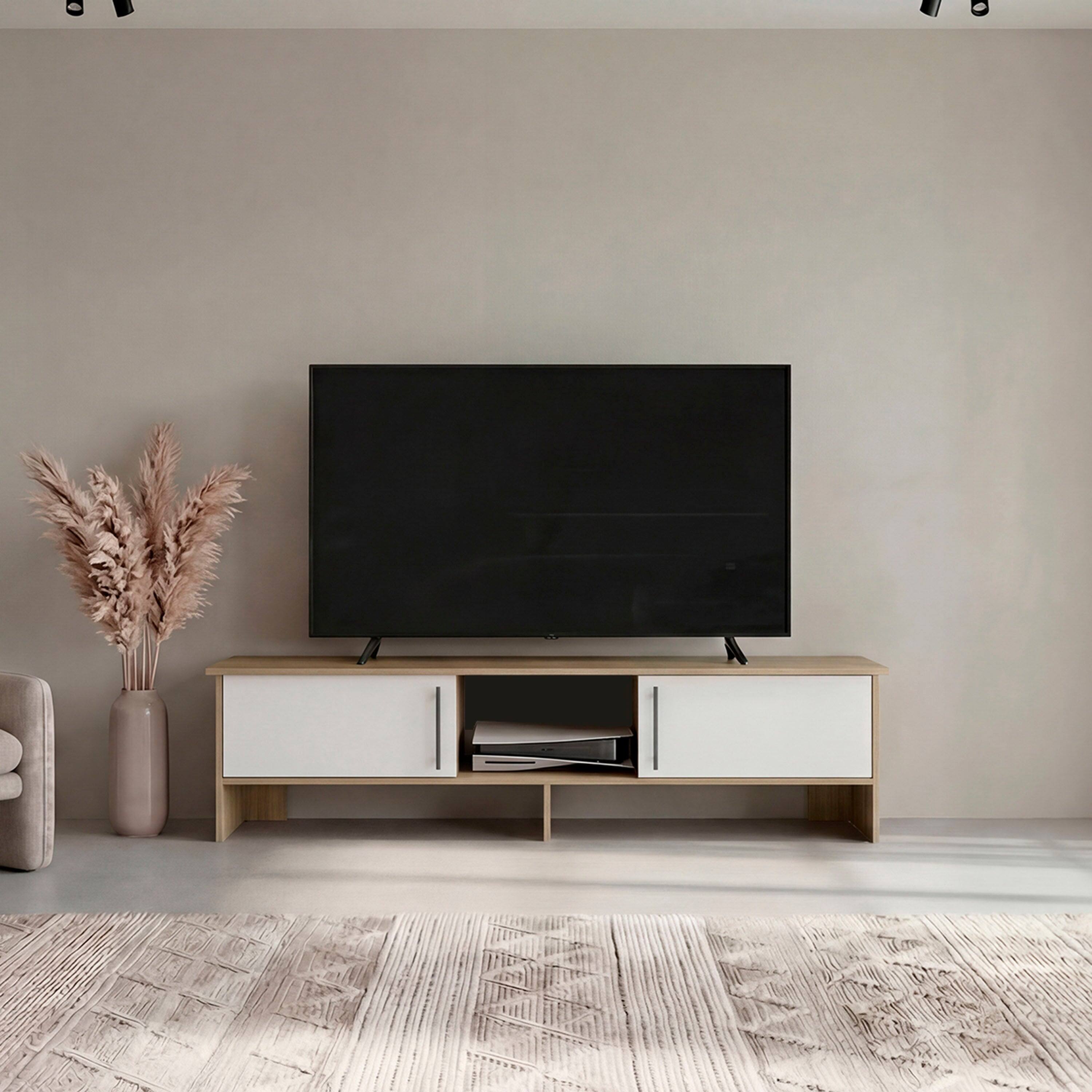 Angle. TuHome - Modern Laminate Wood TV Stand and Entertainment Center, Fits TVs up to 65-Inch - Natural Oak.