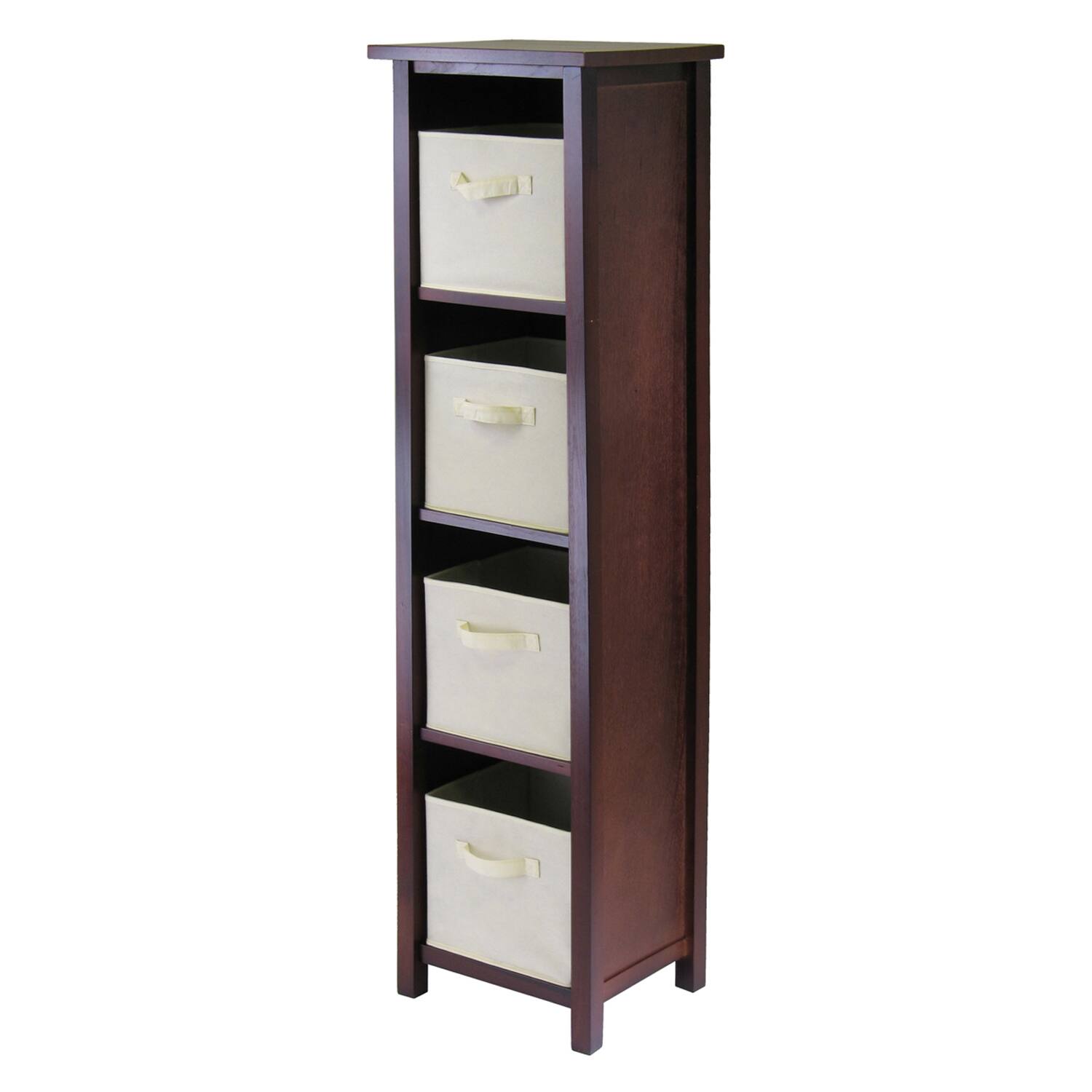 Front. Winsome Wood - Verona 5-Pc Storage Shelf with 4 Foldable Fabric Baskets - Walnut/Beige.