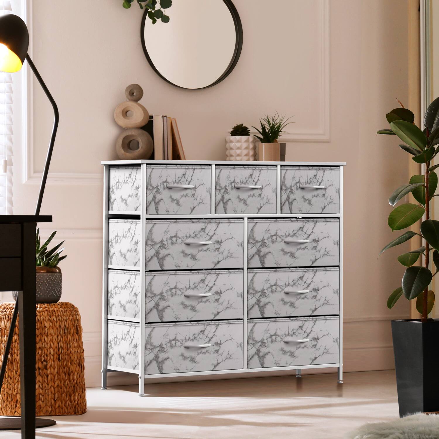 Angle. Sorbus - Sorbus 9 Drawers Dresser - Furniture Storage for Bedroom, Closet, and More - Steel Frame, Wood Top, Fabric Bins - Marble white.