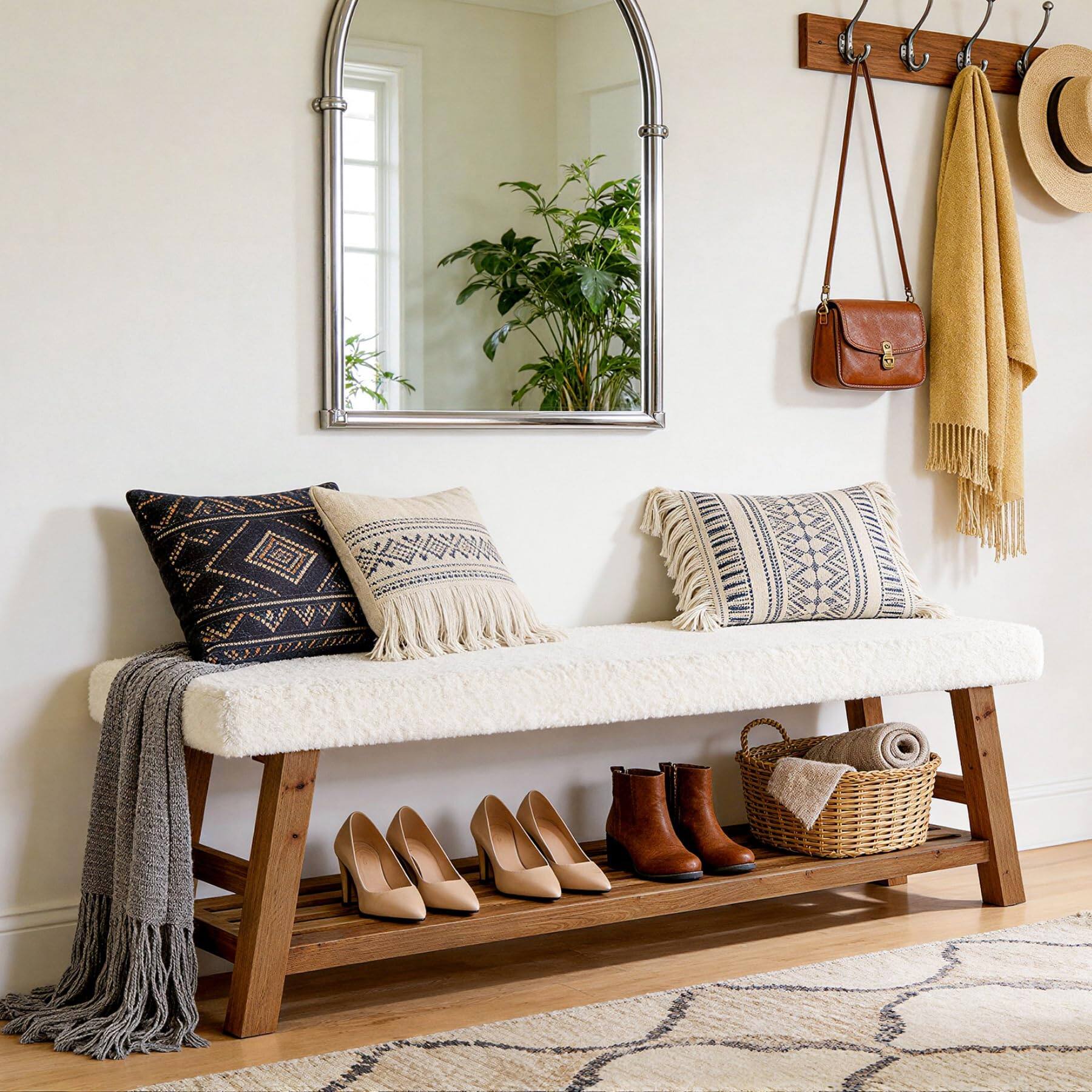 Left. Tribesigns - 55-Inch Upholstered Entryway Bench, 2-Tier Solid Wood Shoe Bench with Cushion and Storage, Modern End of Bed Seating for - White & Brown.