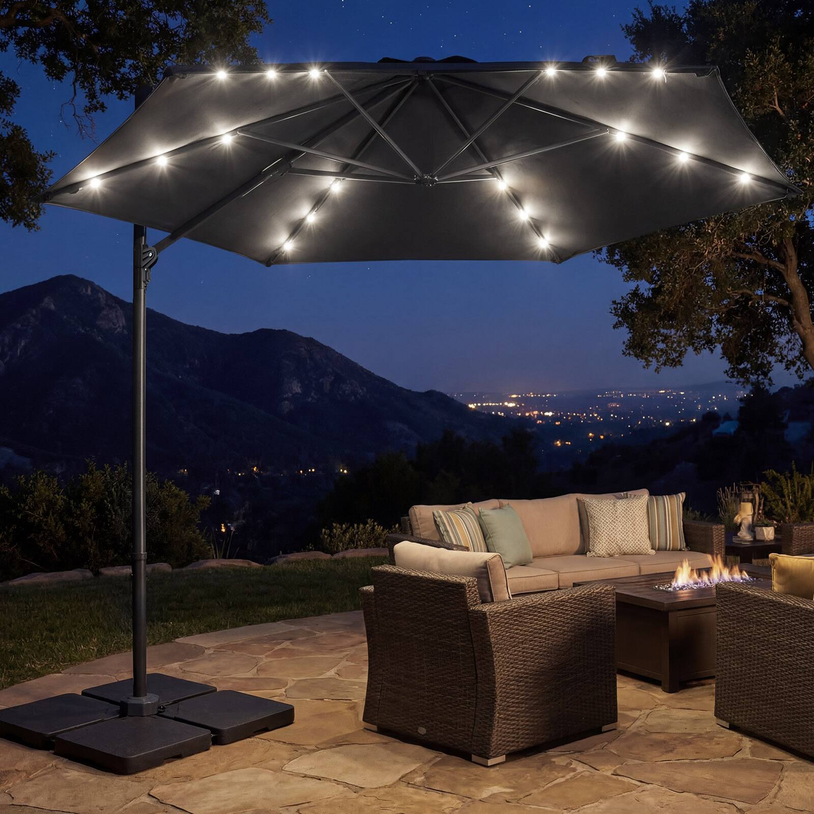 Alt View 1. Costway - Costway 10 FT Patio Cantilever Umbrella with Solar LED Lights, 360° Rotation, Air Vent - Gray.