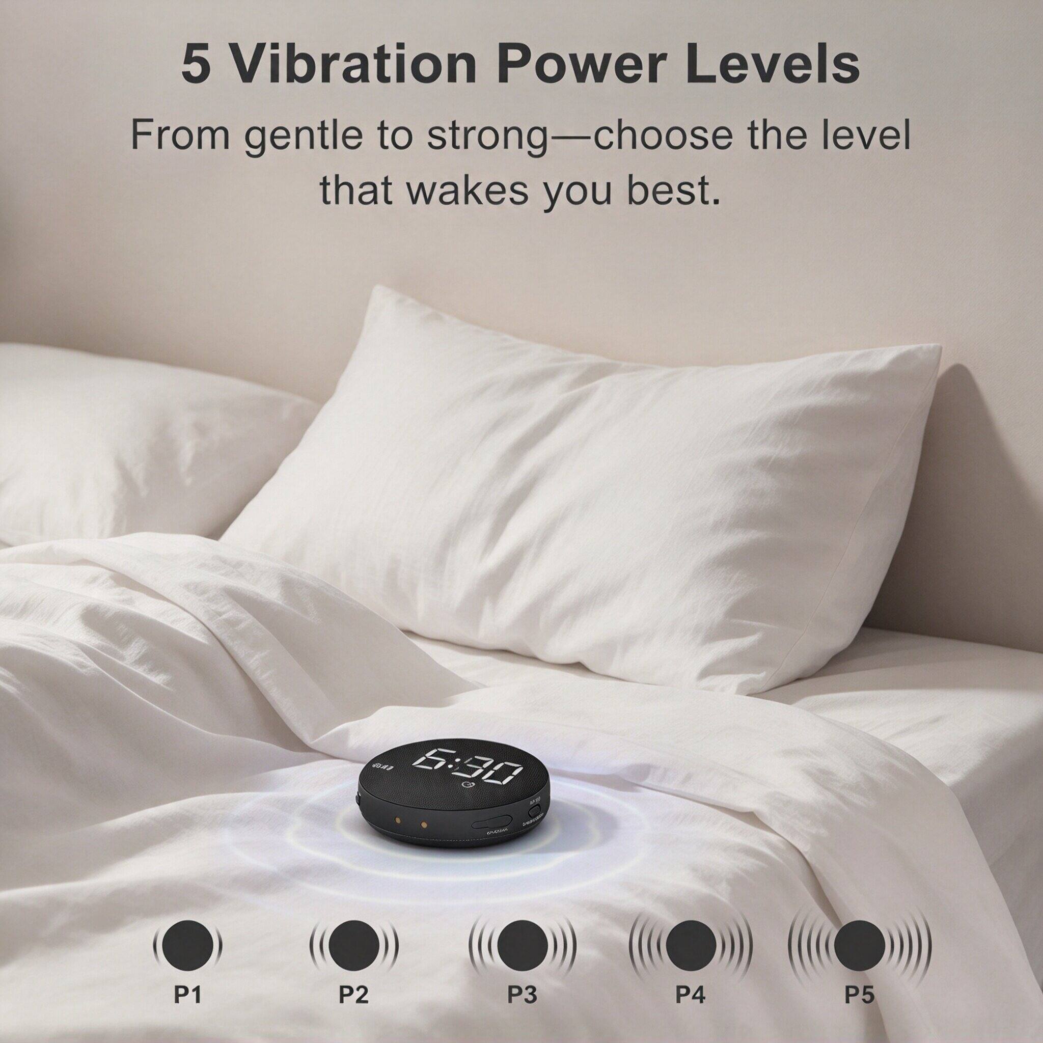 5 Vibration Power Levels  
From gentle to strong—choose the level that wakes you best.  

6:30  
P1  
P2  
P3  
P4  
P5