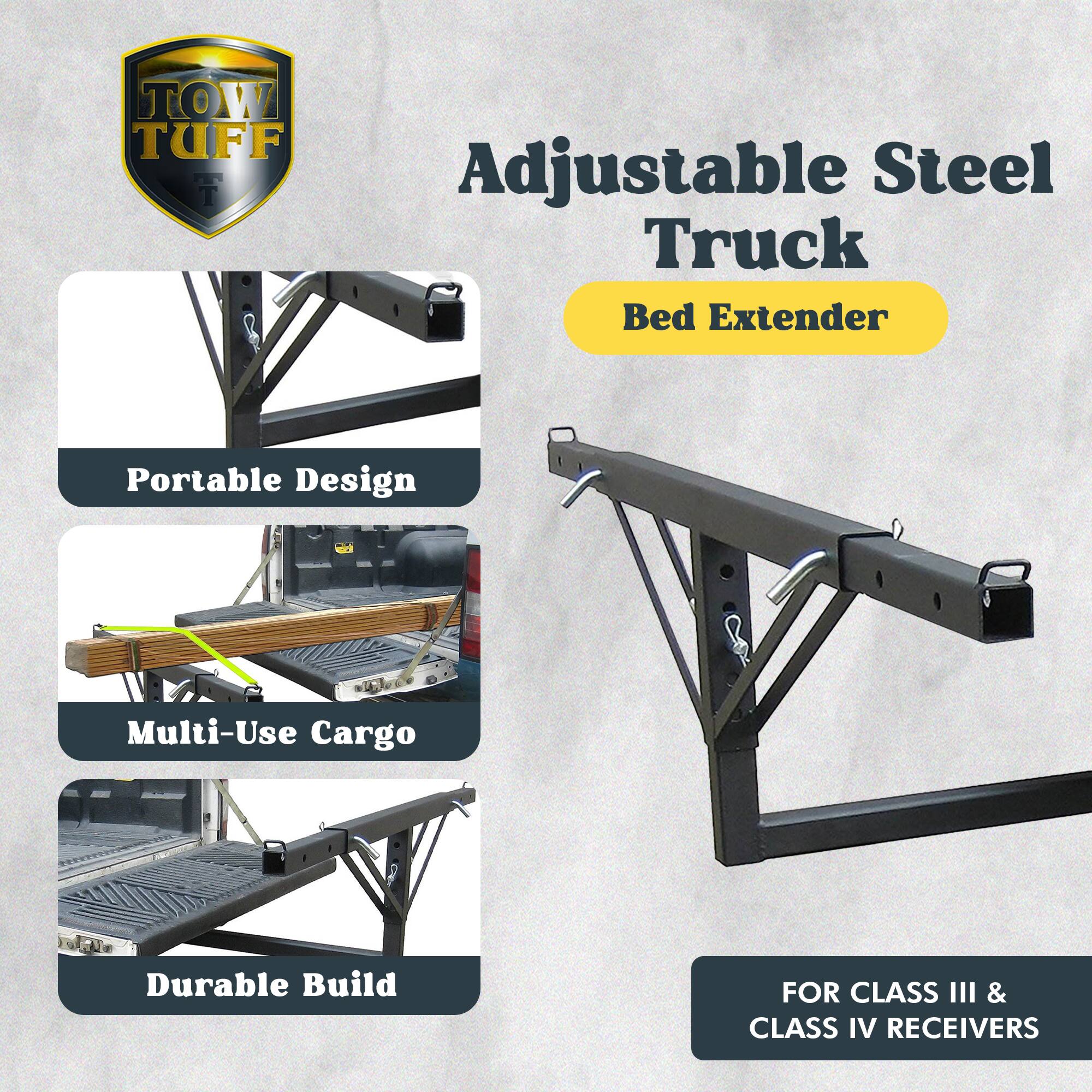 TOW TUFF Adjustable Steel Truck Bed Extender Portable Design Multi-Use Cargo Durable Build FOR CLASS III & CLASS IV RECEIVERS
