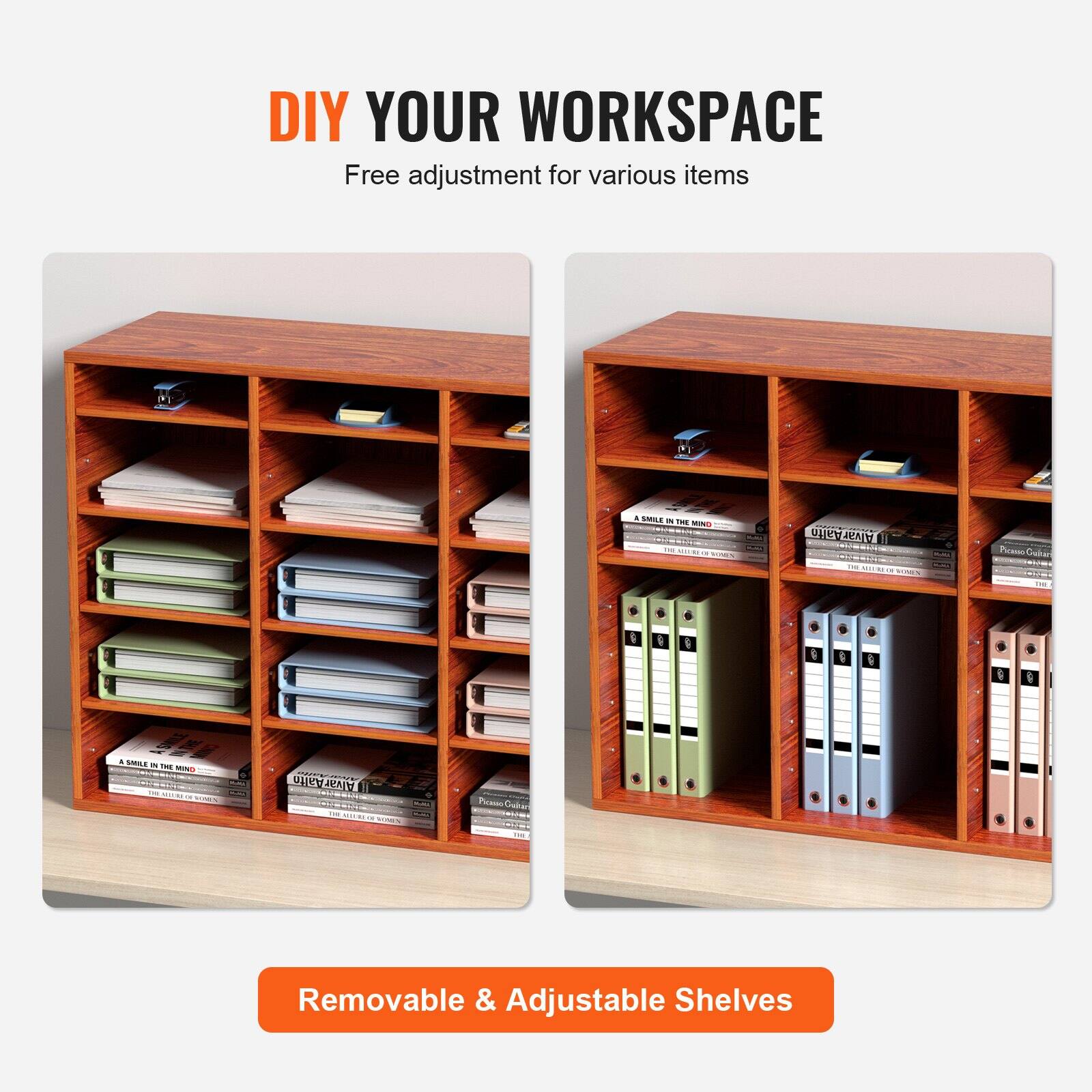 DIY YOUR WORKSPACE  
Free adjustment for various items  

Removable & Adjustable Shelves