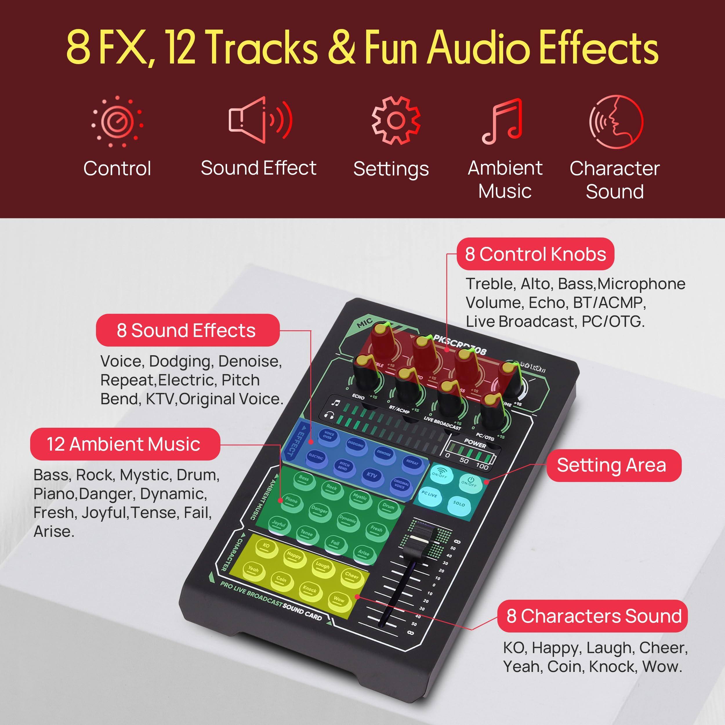 8 FX, 12 Tracks & Fun Audio Effects

- Control
- Sound Effect
- Settings
- Ambient Music
- Character Sound

8 Sound Effects
- Voice, Dodging, Denoise, Repeat, Electric, Pitch Bend, KTV, Original Voice.

12 Ambient Music
- Bass, Rock, Mystic, Drum, Piano, Danger, Dynamic, Fresh, Joyful, Tense, Fail, Arise.

8 Control Knobs
- Treble, Alto, Bass, Microphone Volume, Echo, BT/ACMP, Live Broadcast, PC/OTG.

8 Characters Sound
- KO, Happy, Laugh, Cheer, Yeah, Coin, Knock, Wow.

Setting Area