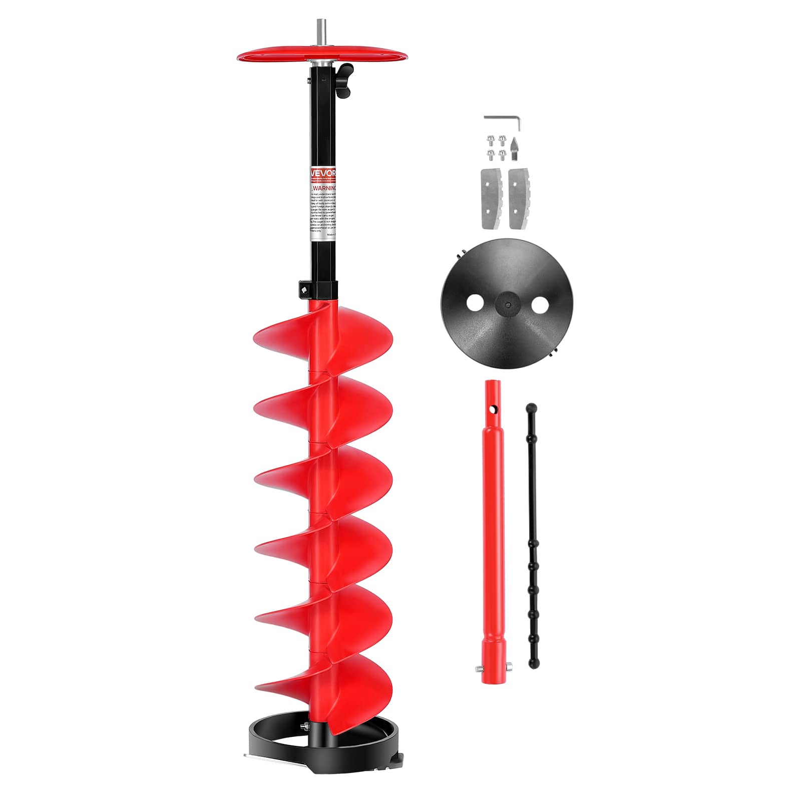VEVOR - Ice Auger Drill Bit, 8in Diameter 39in Length, Cordless Nylon Ice Fishing Augers With Extra 13.4in Extension Rod - Red + Black
