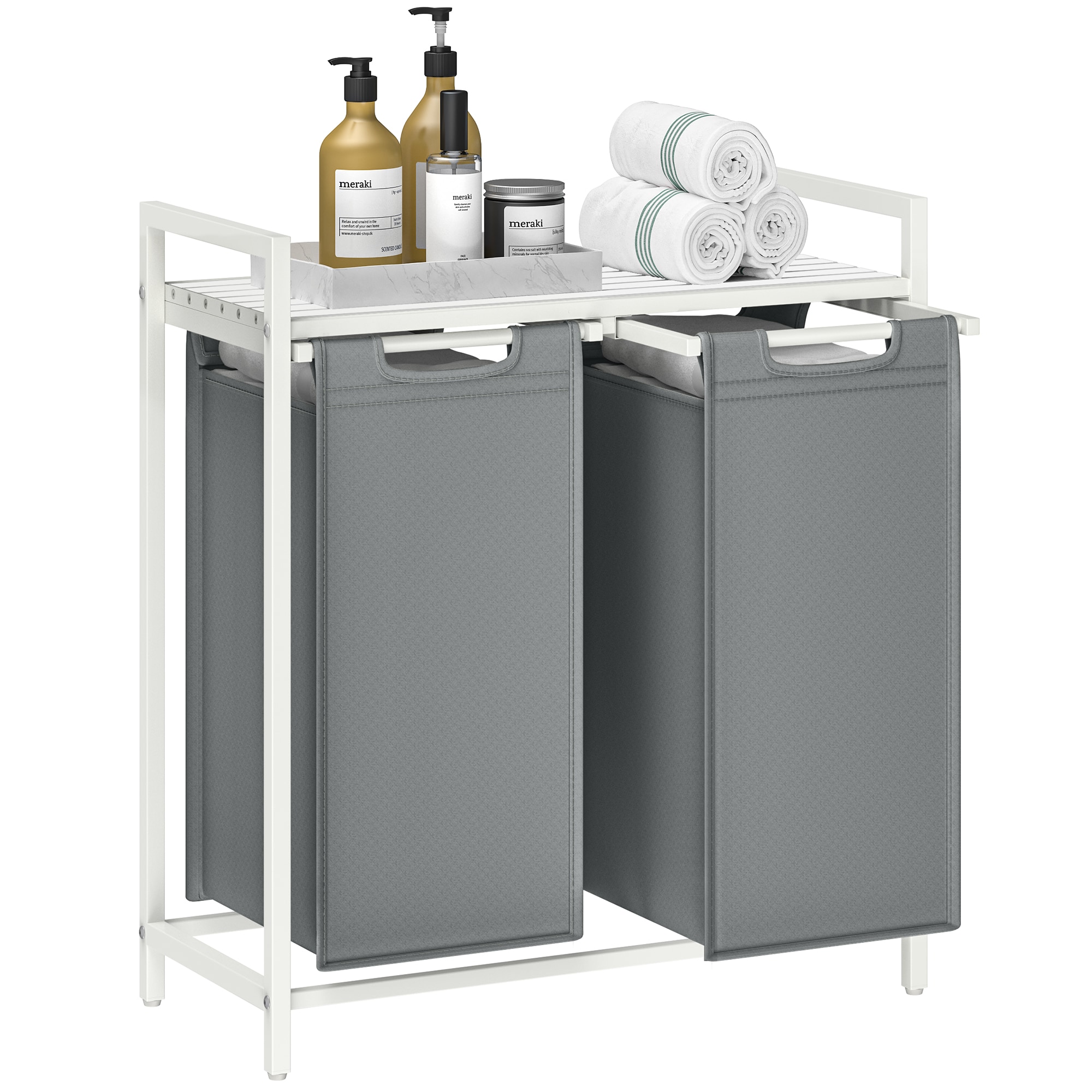 Songmics Home - Laundry Basket, 2-Compartment Laundry Hamper, Pull-Out and Removable Liner Bags,Clothes Sorter, Shelf, Metal Frame - Slate Grey and Matte White price history on PriceWatchPro