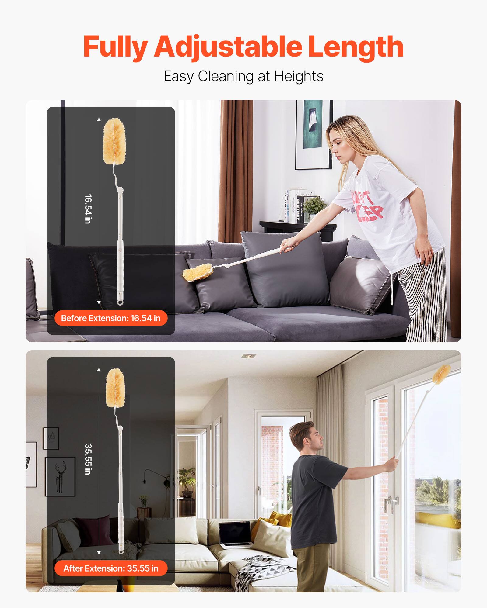 Fully Adjustable Length, Easy Cleaning at Heights

Before Extension: 16.54 in

After Extension: 35.55 in