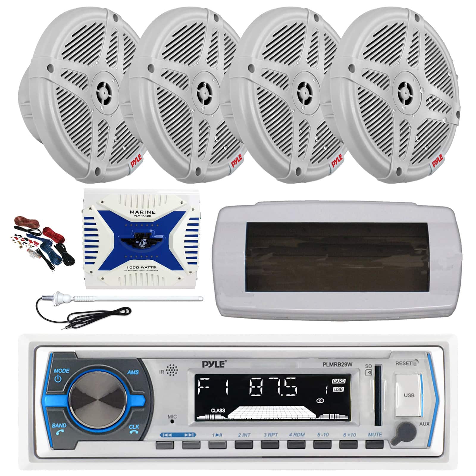 Pyle - PLMRB29W Bluetooth Marine MP3 AM/FM Receiver, Cover, Antenna, Amp w/Kit, 4x 6.5" 600W Wireless Speakers (White)