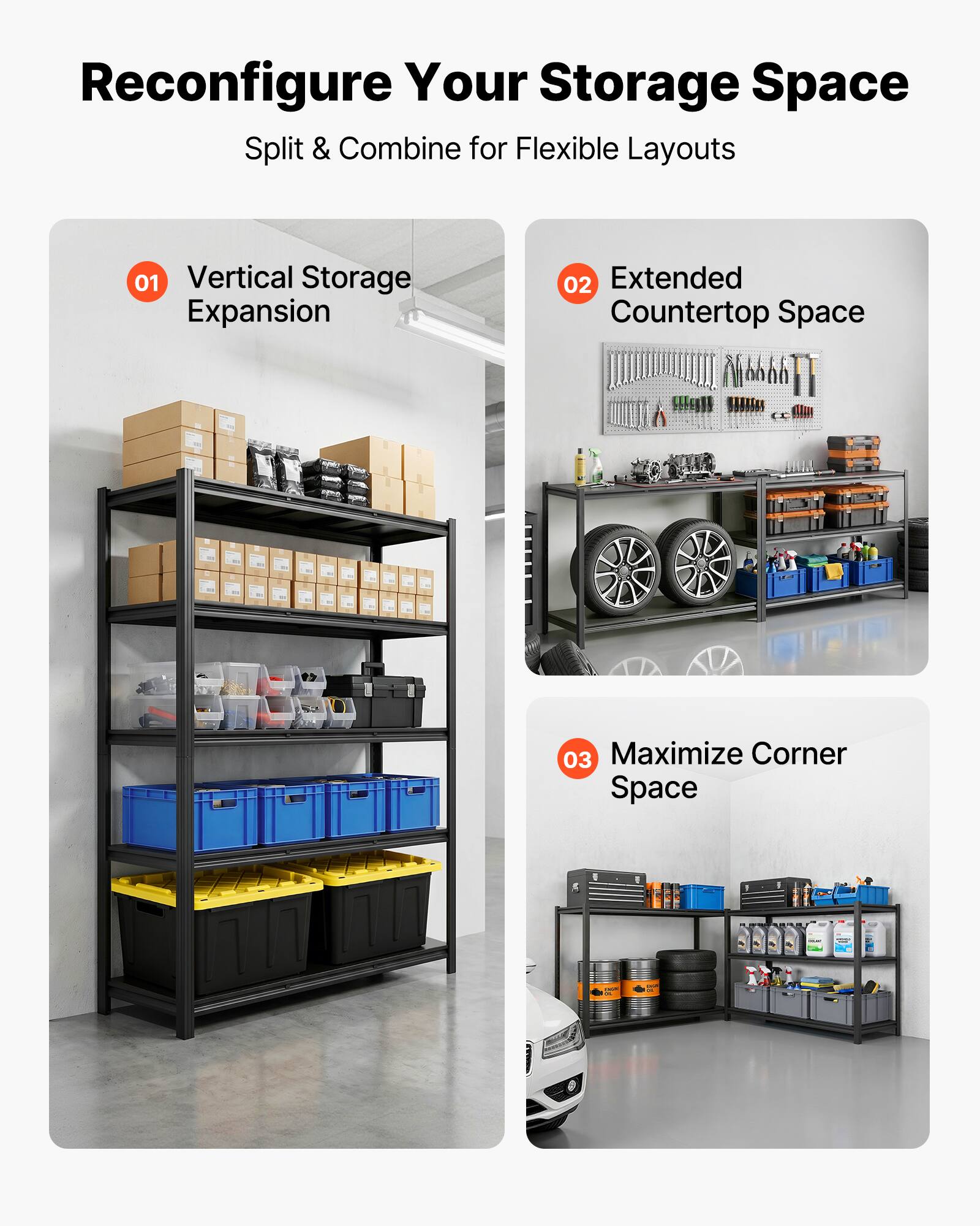 Reconfigure Your Storage Space  
Split & Combine for Flexible Layouts

01 Vertical Storage Expansion  
02 Extended Countertop Space  
03 Maximize Corner Space