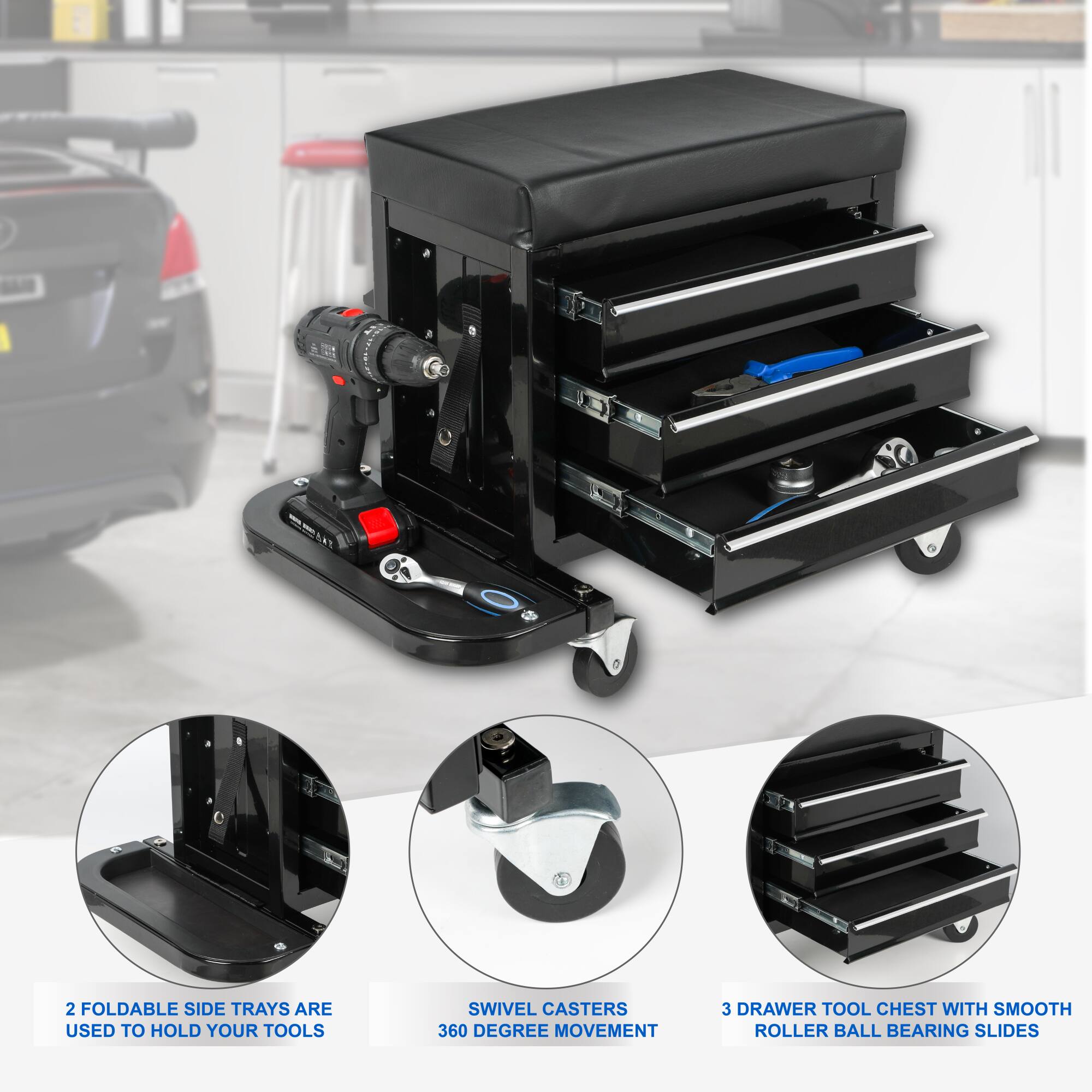 - 2 foldable side trays are used to hold your tools
- Swivel casters 360 degree movement
- 3 drawer tool chest with smooth roller ball bearing slides