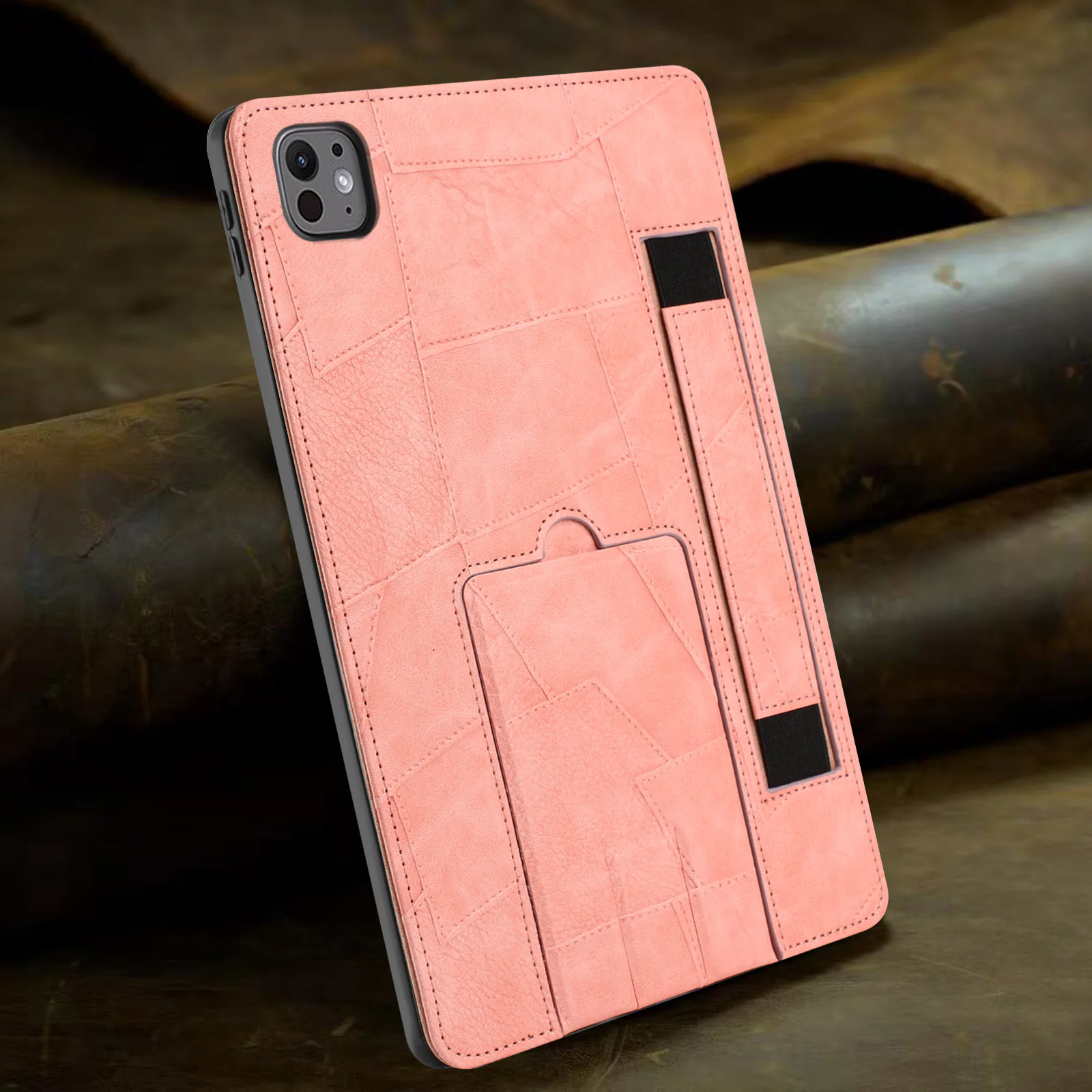 Alt View 3. Dteck - Leather Texture Case for Apple iPad Pro (M4) 11" 2024, Shockproof Cover with Multi-Angle Stand and Secure Hand Strap - Pink.