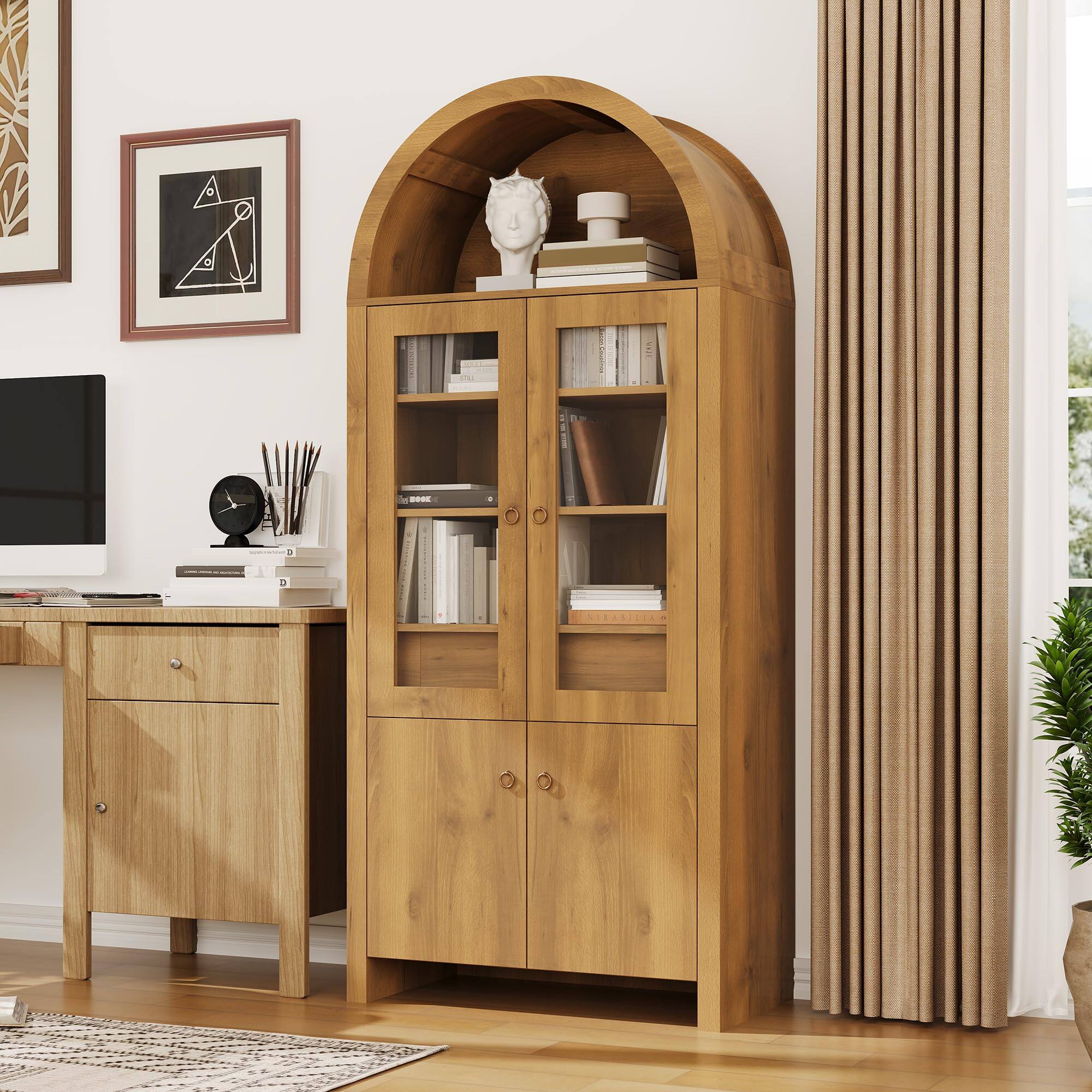 Alt View 2. Qeetex - 71" Arched Farmhouse Kitchen Pantry Cabinet with Acrylic Doors, Hidden Drawer & Adjustable Shelves - Natural.