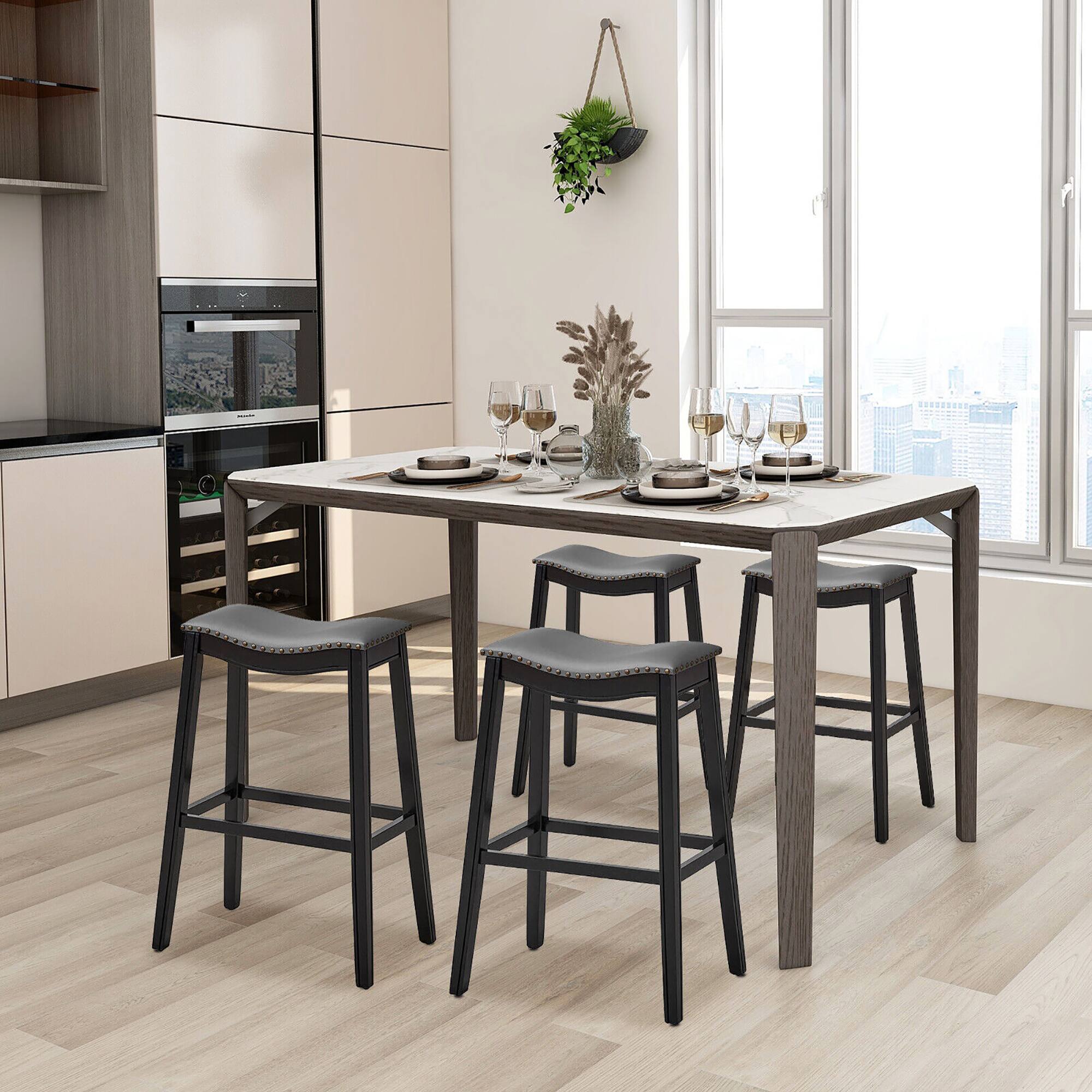 Alt View 3. Gymax - Gymax Set of 4 Saddle Bar Stools Bar Height Kitchen Chairs w/ Rubber Wood Legs Black - Black.
