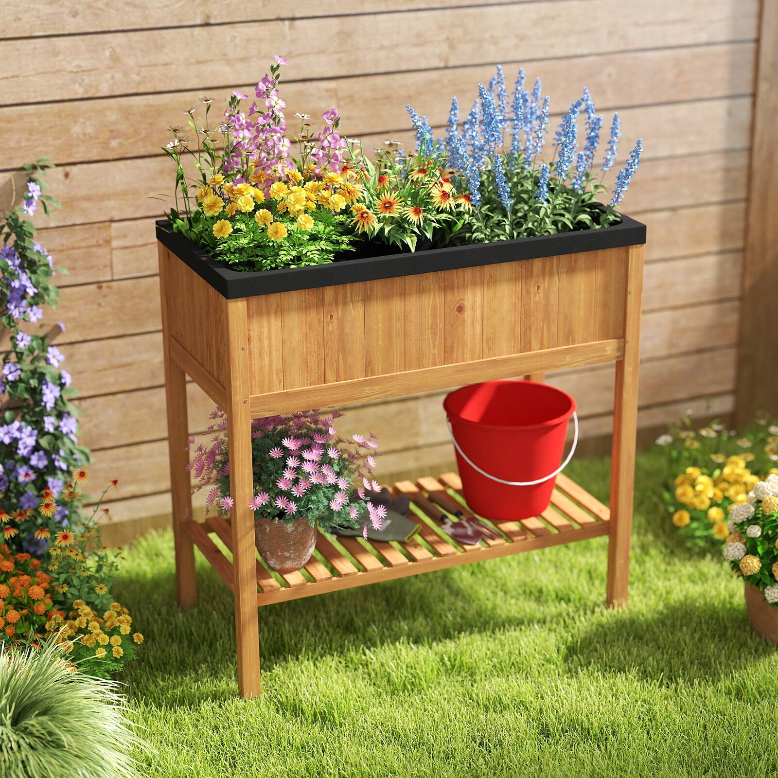 Alt View 4. Gymax - Gymax Wooden Raised Garden Bed w/ Legs Liner Storage Shelf Large Planter Box for Herb - Orange.