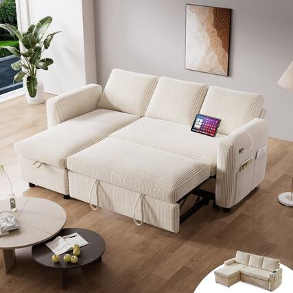 Front. Vipbear - Vipbear 81" L Shaped Pull Out Couches for Living Room with Storage Chaise, USB Port&Cupholder - Beige.