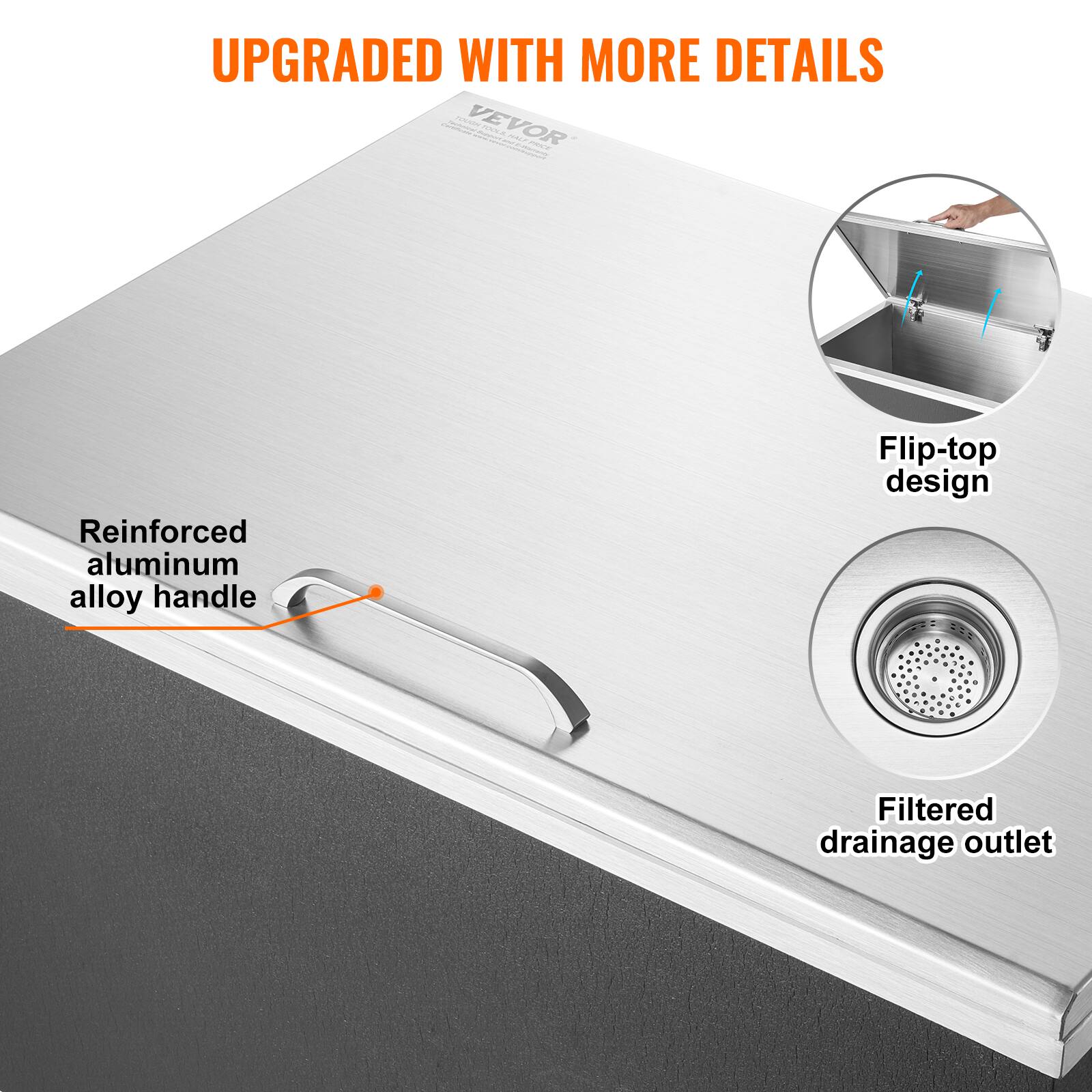 UPGRADED WITH MORE DETAILS

- Reinforced aluminum alloy handle
- Flip-top design
- Filtered drainage outlet