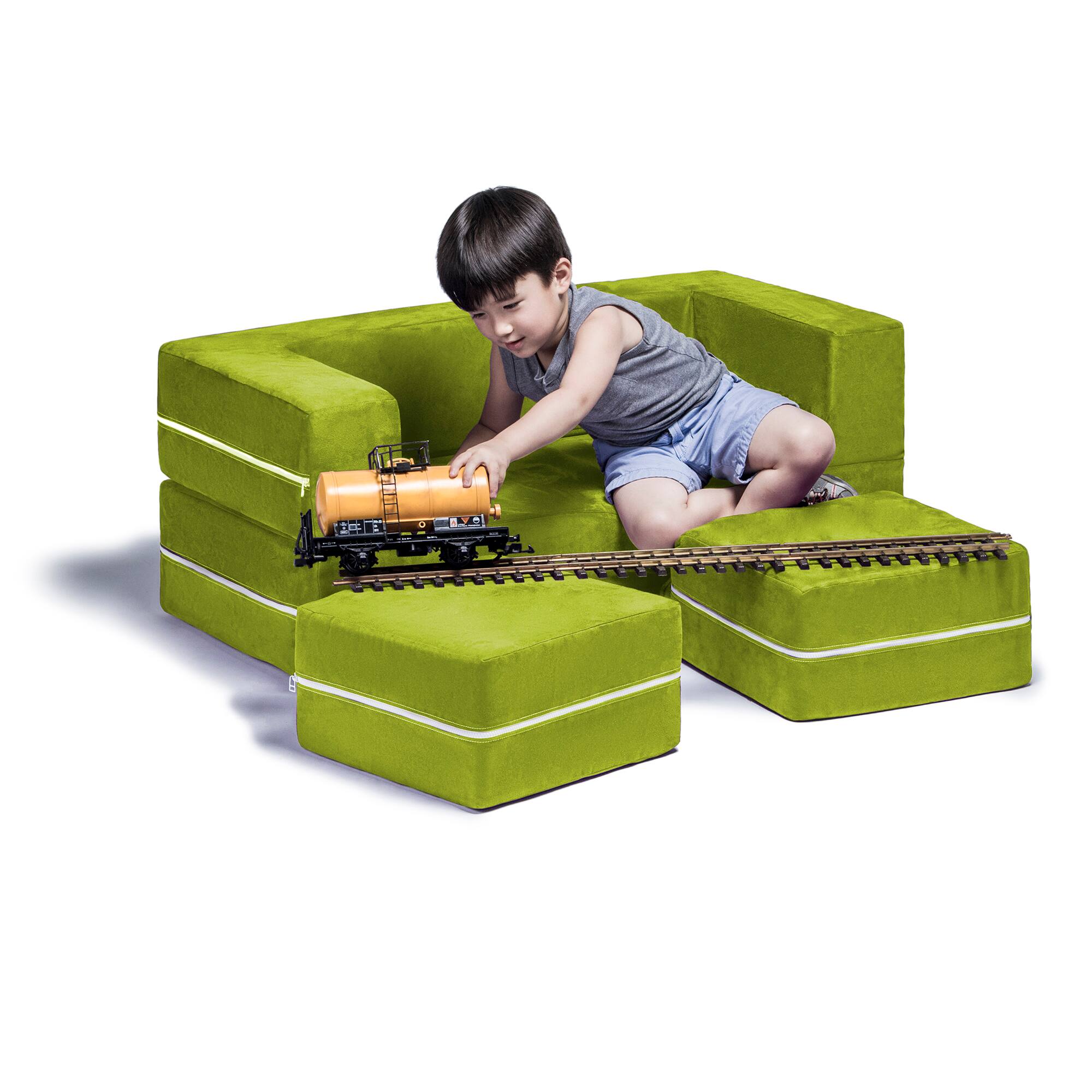 Left. Jaxx - Jaxx Zipline Kids Modular Loveseat & Ottomans/Fold Out Lounger, Lime - Lime.