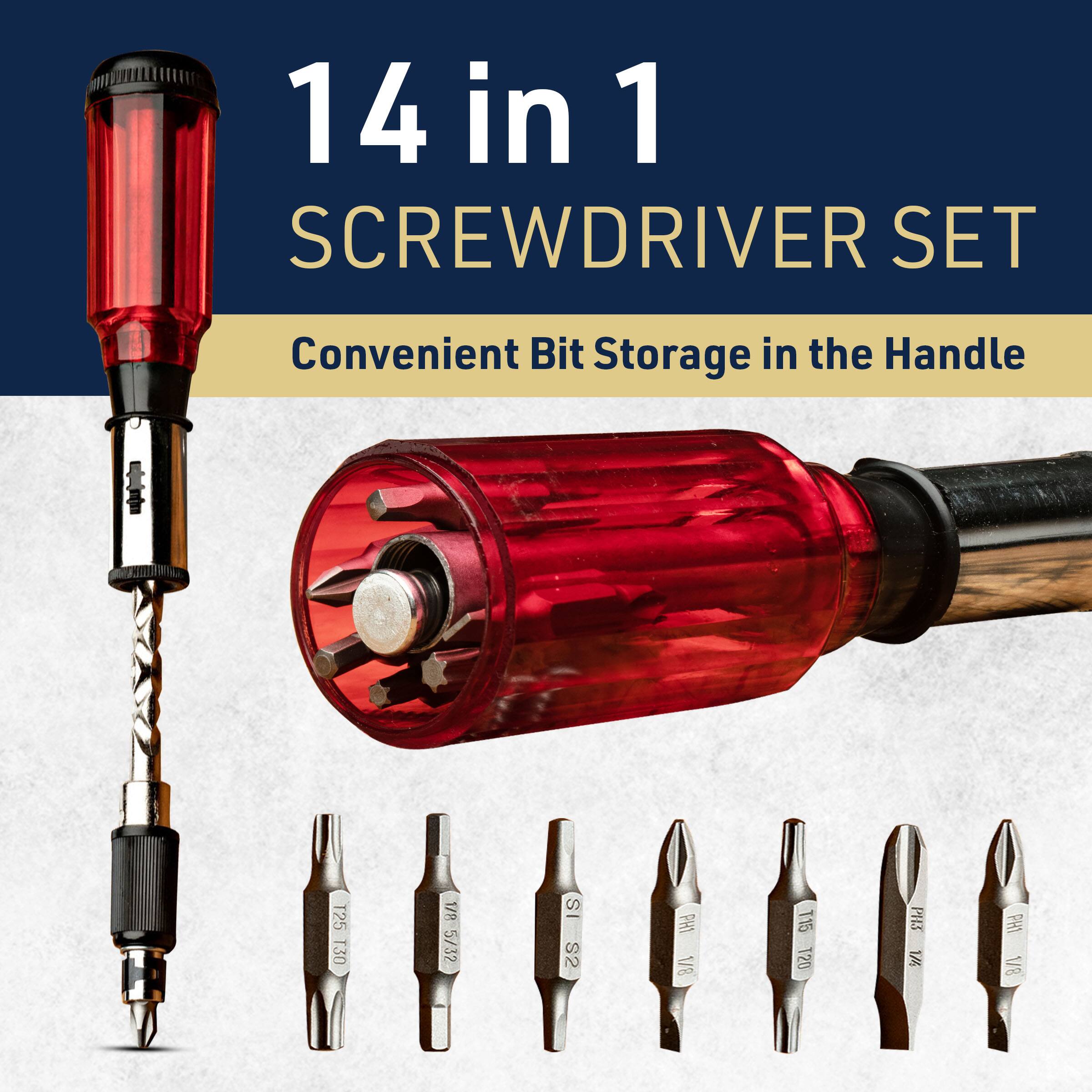14 in 1 SCREWDRIVER SET  
Convenient Bit Storage in the Handle  
T25 T30 1/8 5/32 S S2 Vid 1/8 T15 120