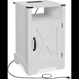 Loheer - Farmhouse Nightstand with Charging Station, 16-Inch Bedside Table with Storage - White