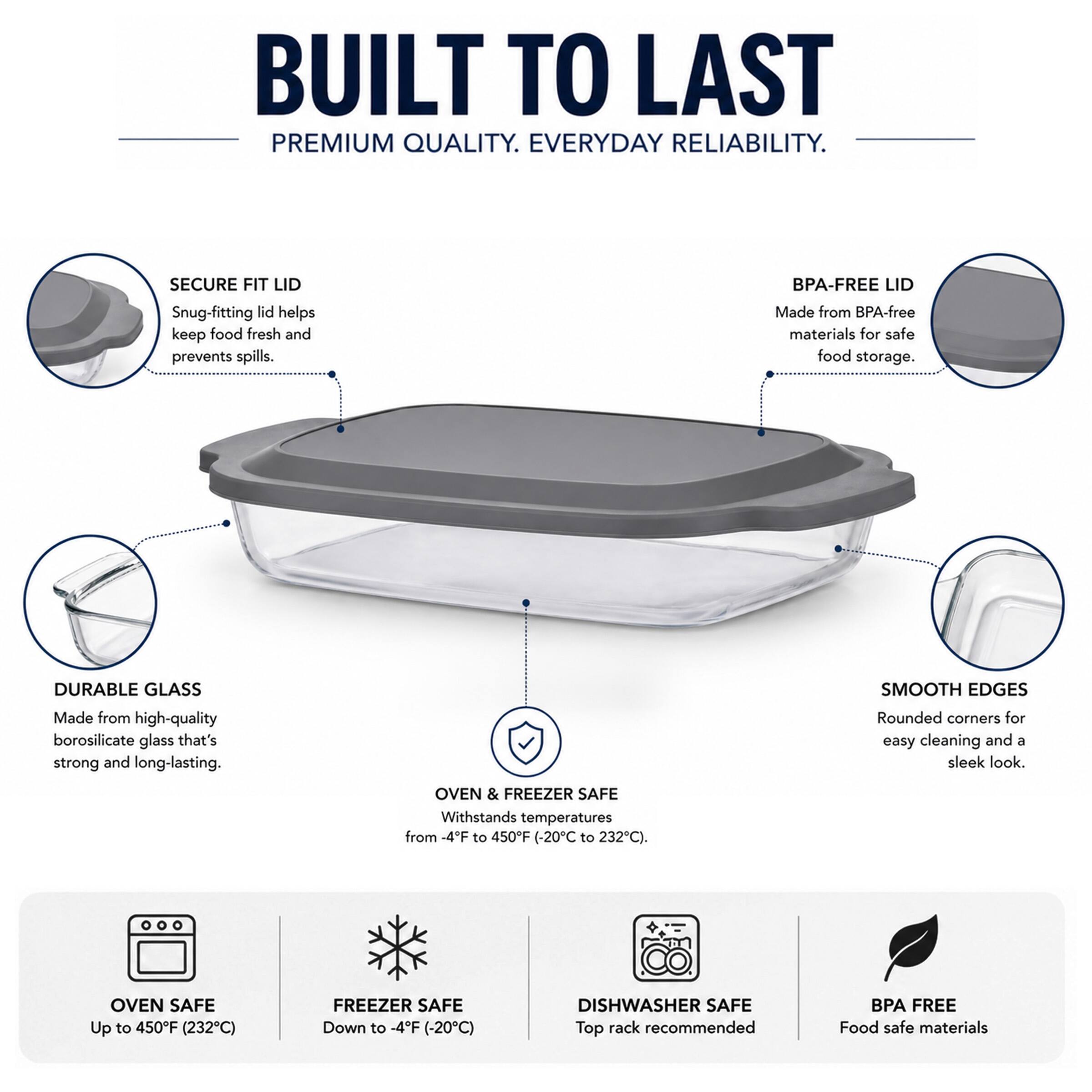 BUILT TO LAST  
PREMIUM QUALITY. EVERYDAY RELIABILITY.

- SECURE FIT LID  
  Snug-fitting lid helps keep food fresh and prevents spills.

- BPA-FREE LID  
  Made from BPA-free materials for safe food storage.

- DURABLE GLASS  
  Made from high-quality borosilicate glass that's strong and long-lasting.

- OVEN & FREEZER SAFE  
  Withstands temperatures from -4°F to 450°F (-20°C to 232°C).

- SMOOTH EDGES  
  Rounded corners for easy cleaning and a sleek look.

- OVEN SAFE  
  Up to 450°F (232°C)

- FREEZER SAFE  
  Down to -4°F (-20°C)

- DISHWASHER SAFE  
  Top rack recommended

- BPA FREE  
  Food safe materials