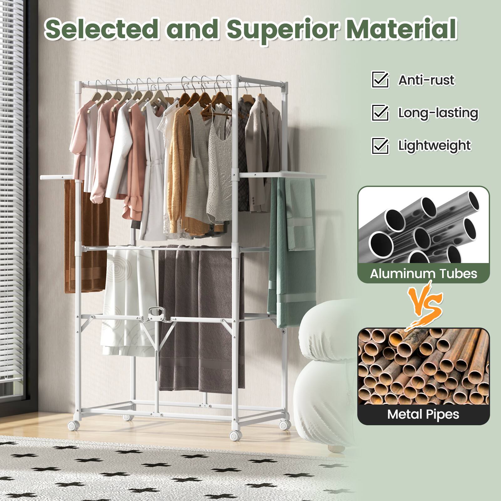 Selected and Superior Material

- Anti-rust
- Long-lasting
- Lightweight

Aluminum Tubes vs Metal Pipes