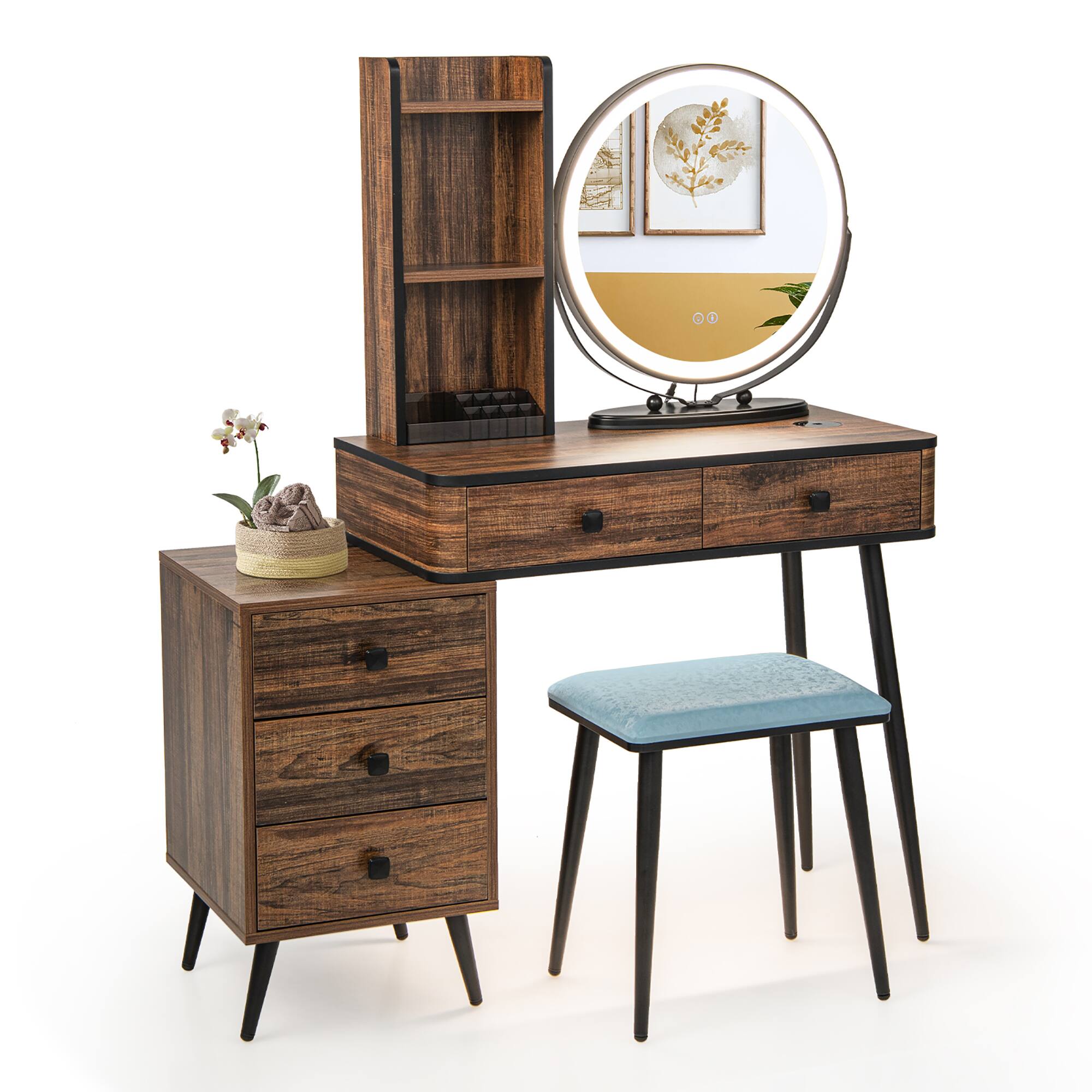 Costway - Vanity Makeup Table Set 3-Color Dimmable Human Body Induction LED Light - Brown price history on PriceWatchPro