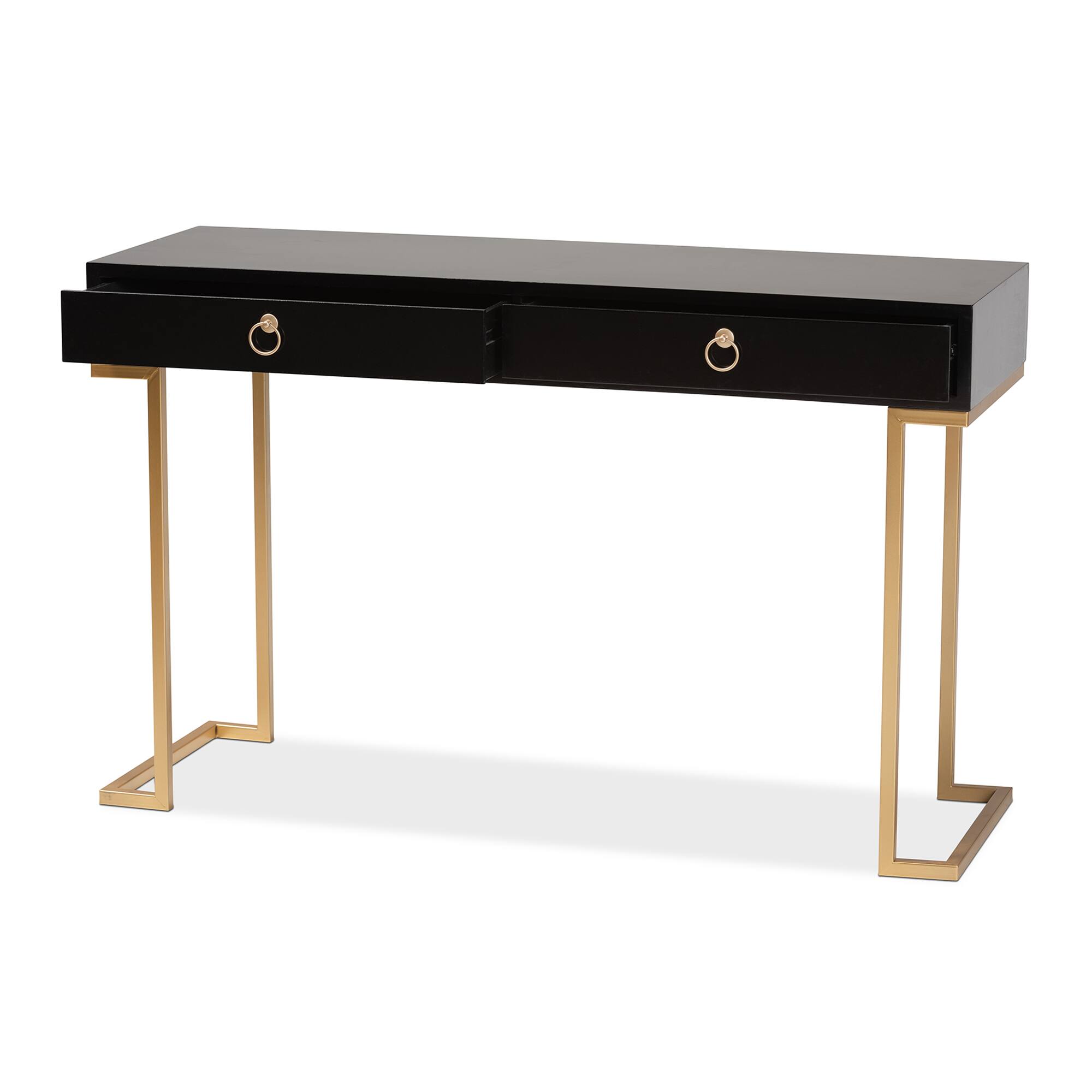 Angle. Baxton Studio - Beagan Modern and Contemporary Finished Wood and Metal 2-Drawer Console Table - Black/Gold.