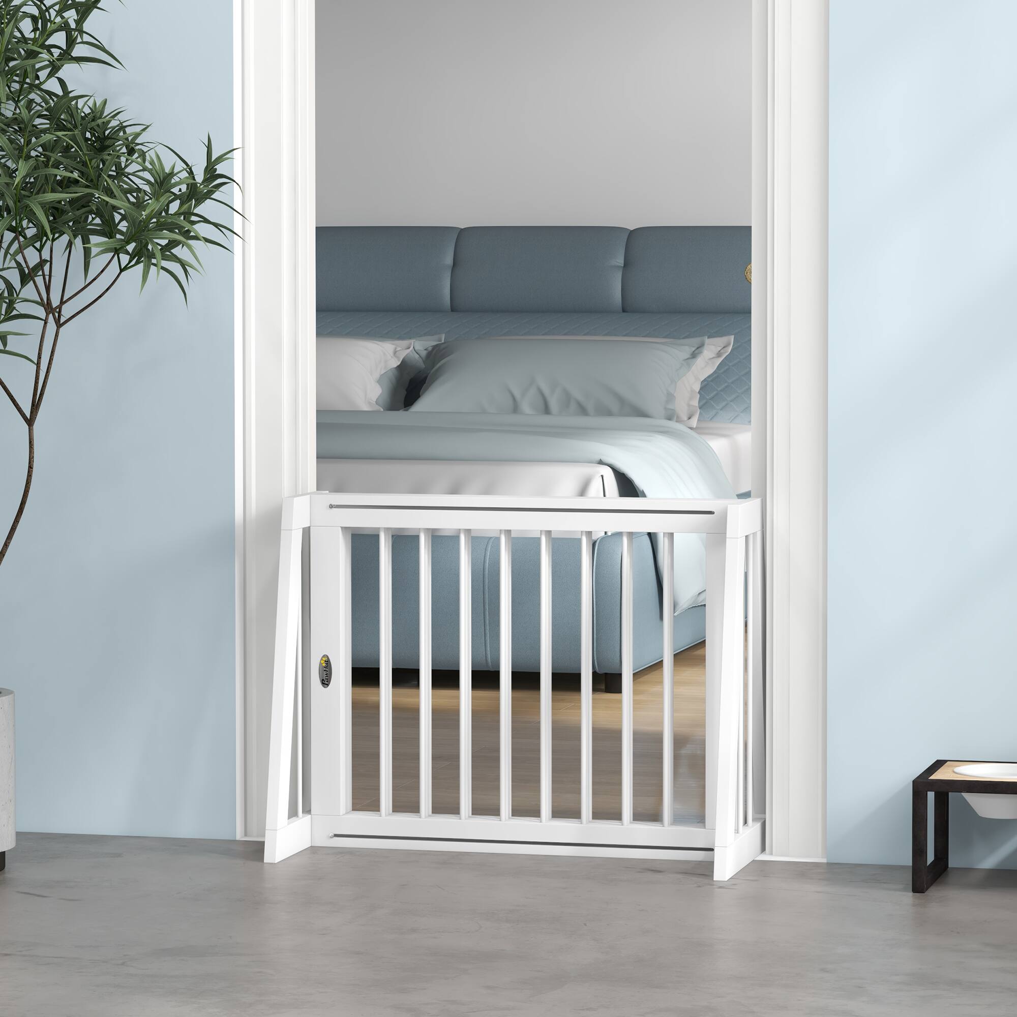 Alt View 5. Pawhut - Freestanding Pet Gate, Wooden Dog Gate w/28"-75" Retractable Length, Support Feet, Non-Slip Mats, 3 Panel for Indoor - White.