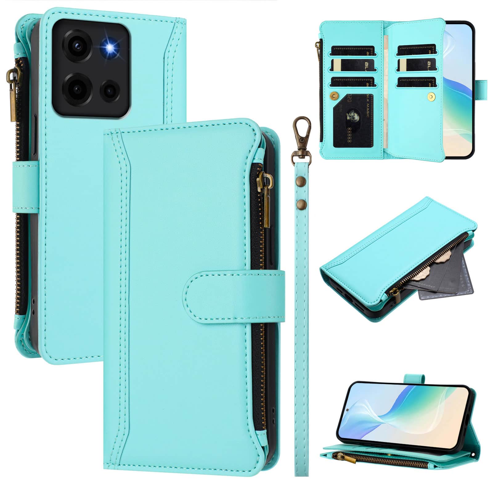 Dteck - Crossbody Wallet Case for Motorola G 5G (2025), Shockproof Zipper PU Leather Flip Stand Cover with 9 Card Slots - Mint
