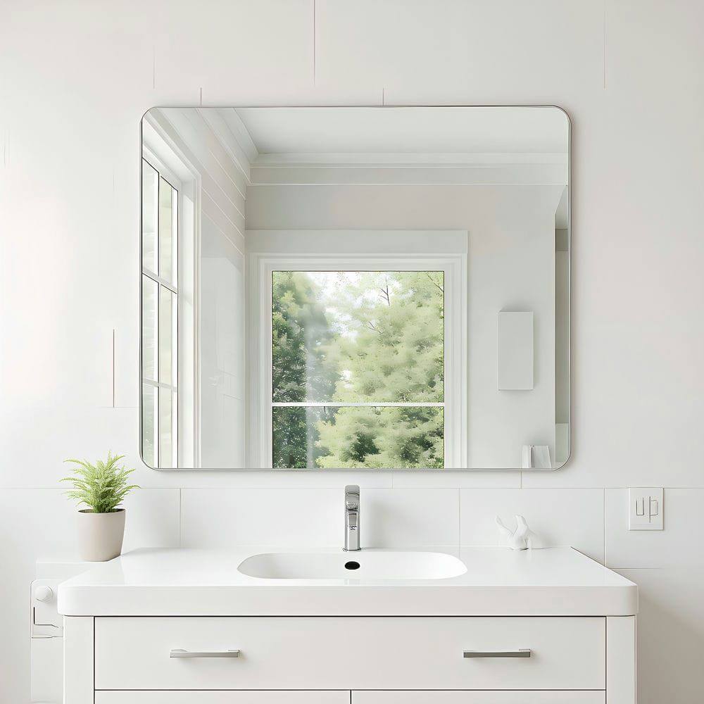 Alt View 5. Kadyn - 36x30 Inch Wide Rectangle Wall Mirror with Rounded Corners and Silver Metal Frame - Silver.