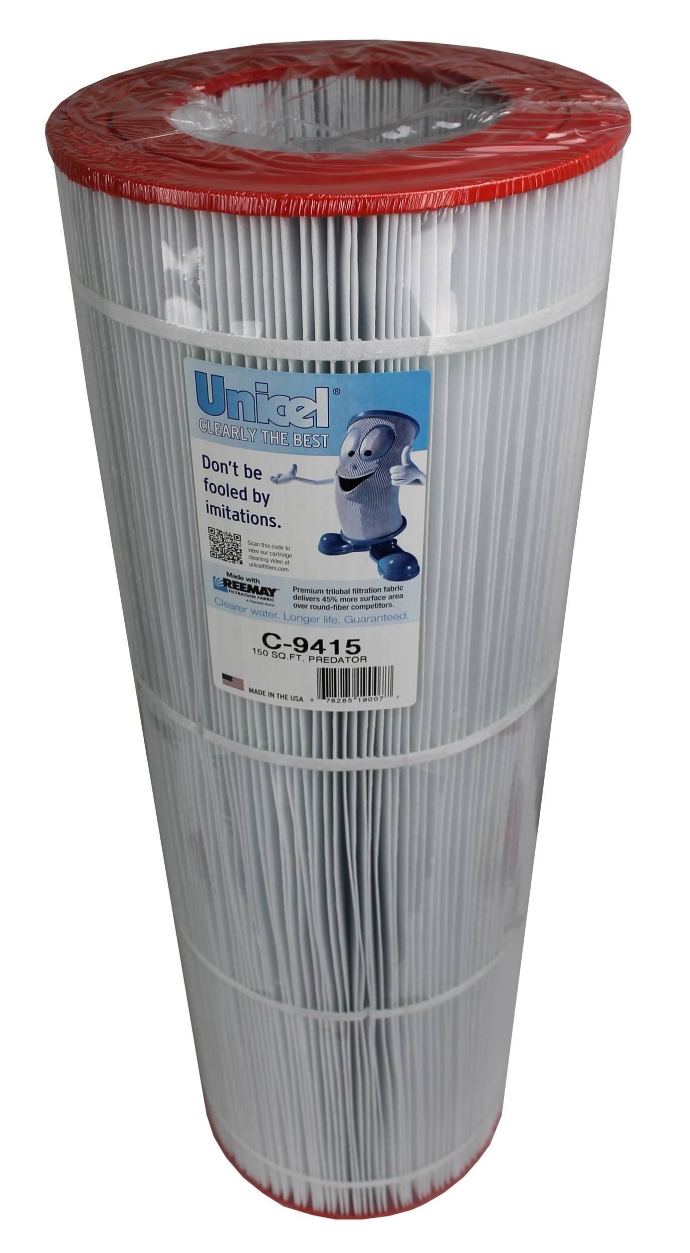 Unicel  
CLEARLY THE BEST  
Don't be fooled by imitations.  

Made with REEMAY  
Premium delivers trilobal nitrification surface fabric area 45% more Clearer water.  
Longer life. Guaranteed.  

150 SQ. FT. PREDATOR  
MADE IN THE USA  

C-9415  

82 19007