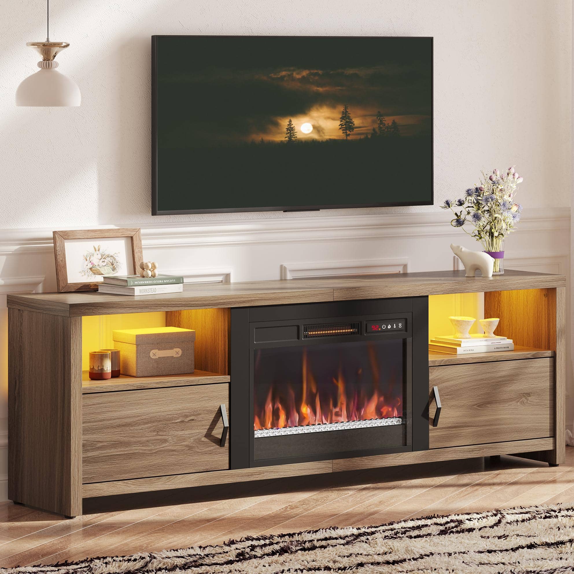 Front. Bestier - 70 inch Gaming TV Stand with 23" Fireplace & RGB Lights, for 75" TVs, for Living Room - Wood.