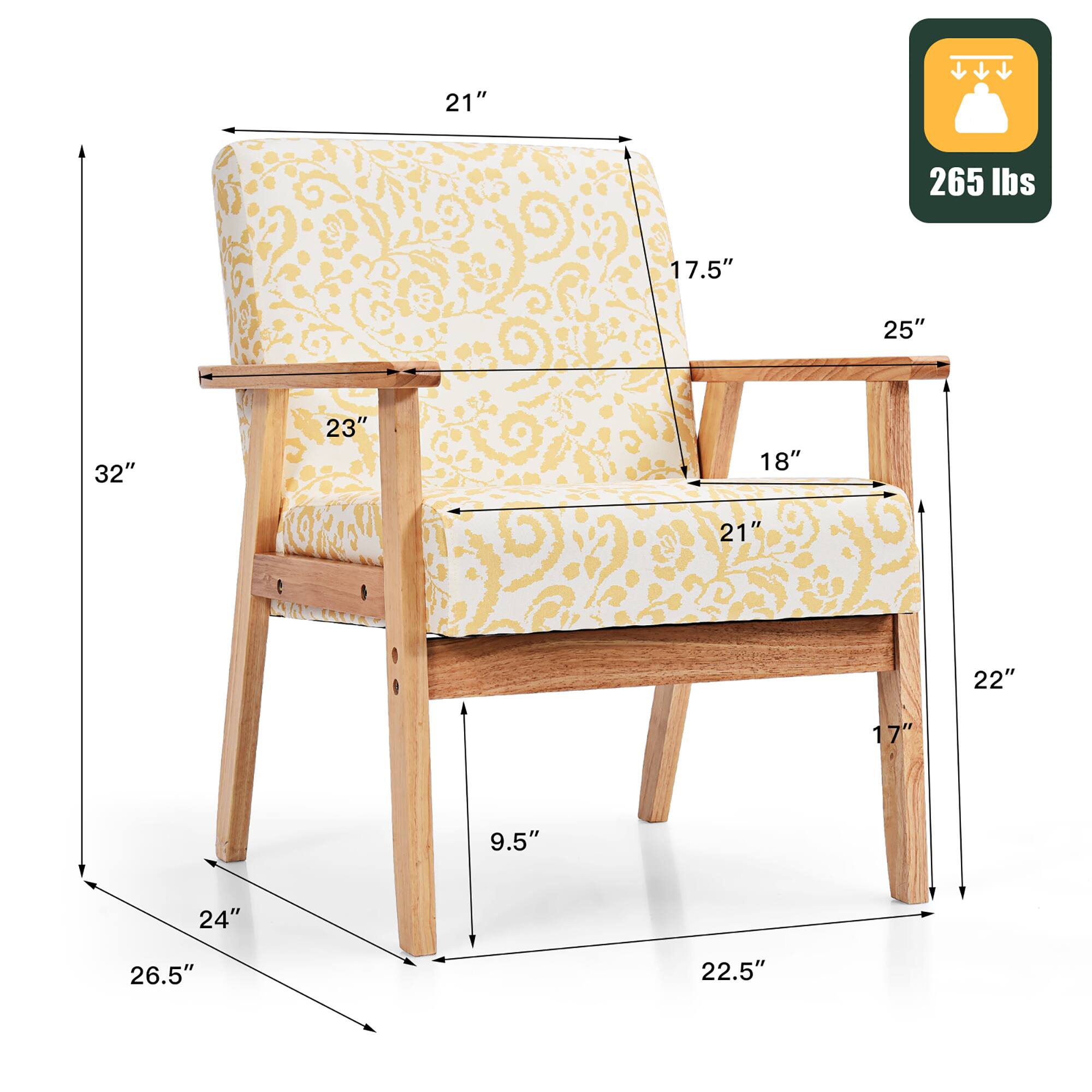 The corrected and grouped dimensions from the image are:

- **Height:** 25"
- **Width:** 32"
- **Depth:** 22.5"
- **Seat Height:** 18"
- **Seat Depth:** 21"
- **Armrest Height:** 21"
- **Back Height:** 23"
- **Back Width:** 17.5"
- **Leg Width:** 9.5"
- **Leg Length:** 24"
- **Weight Capacity:** 265 lbs