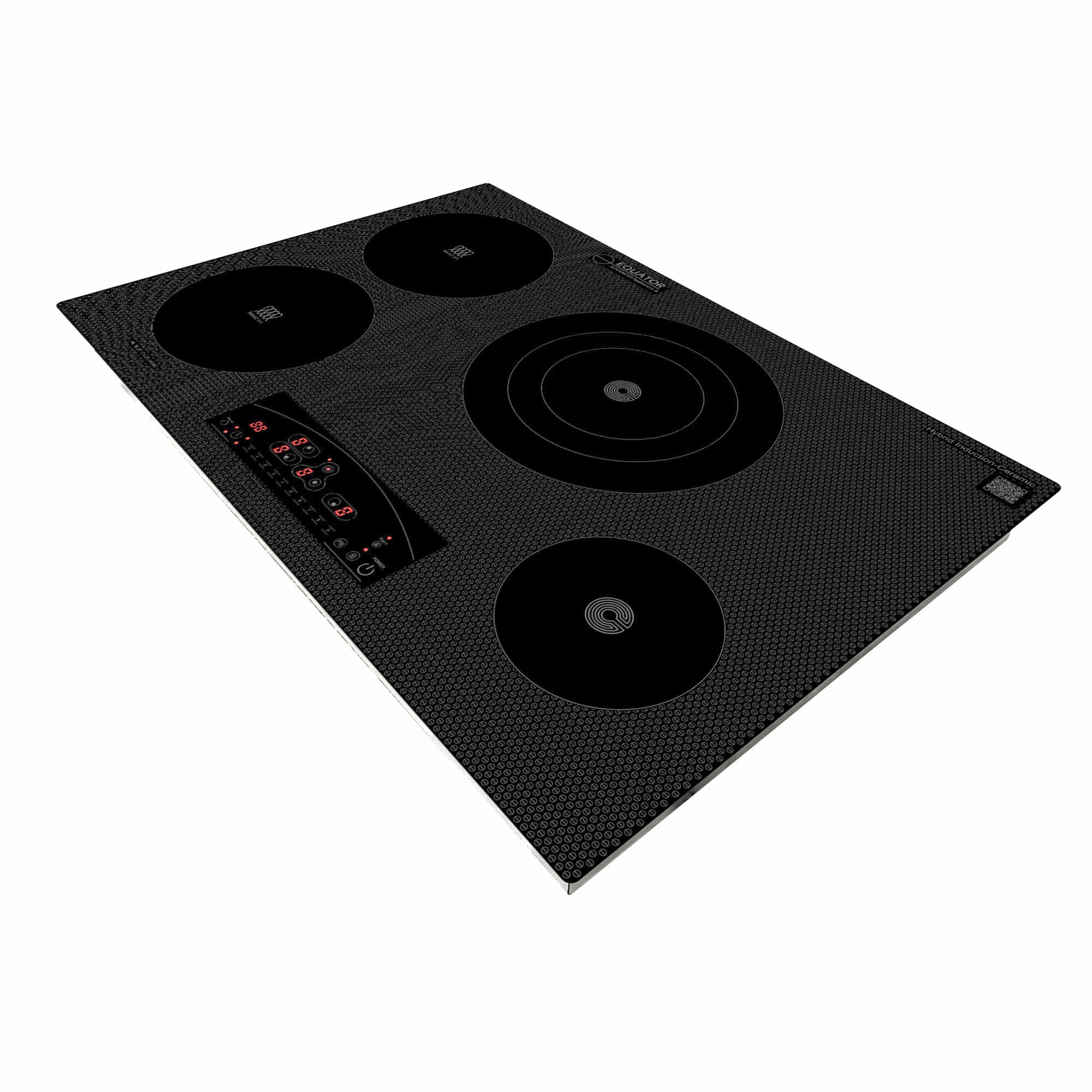 Angle. Equator - Equator ED 30" Built-in Electric Cooktop| Hybrid Ceramic & Induction 4 Burner| 9 Power Level Triple Heating Element 220V - Black.