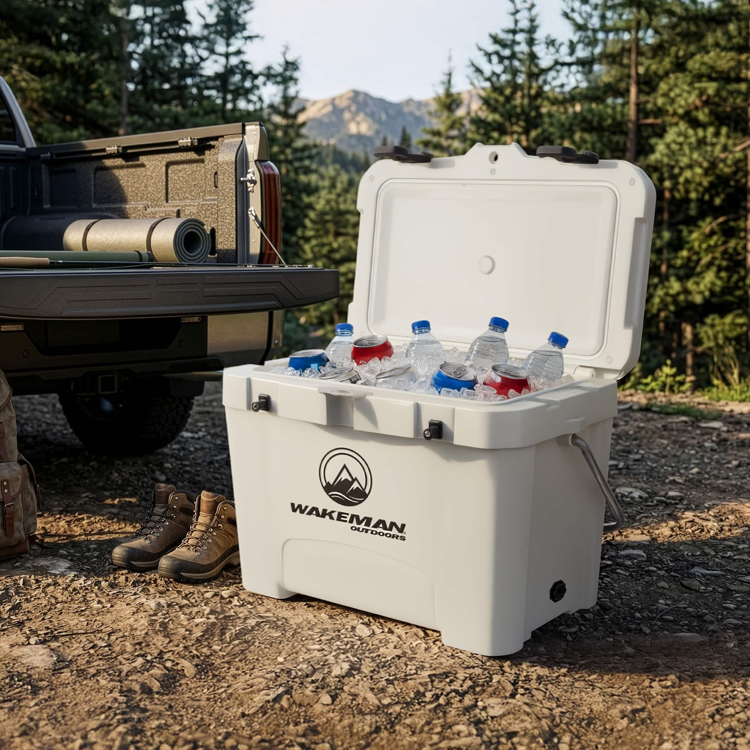 Wakeman Outdoors - 27L Small Cooler Hard Shell Insulated Lunch Box, 3 Day Ice Retention, Cupholders, Bottle Opener, Travel Cooler - Cream
