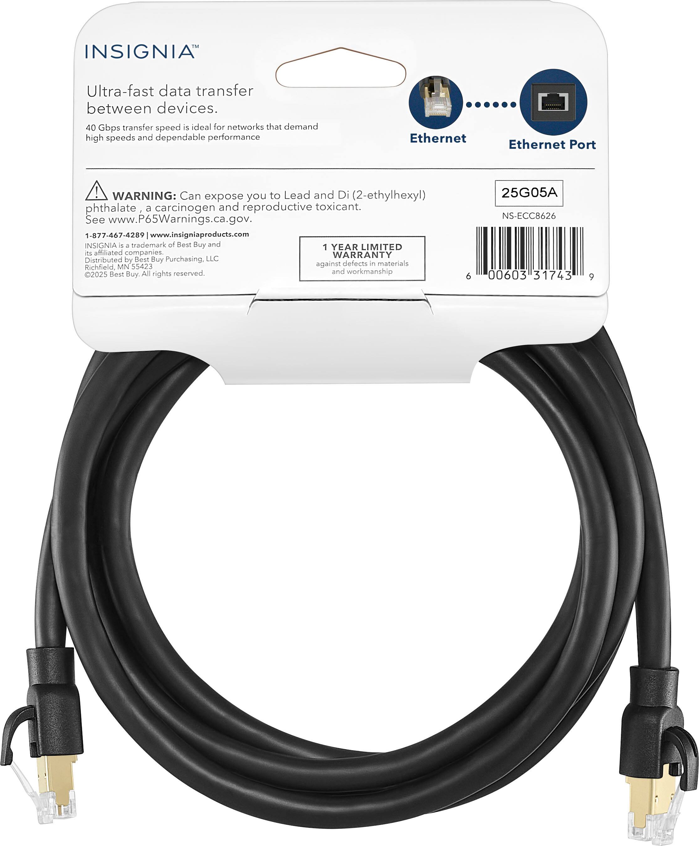 INSIGNIA™

Ultra-fast data transfer between devices.

40 Gbps transfer speed is ideal for networks that demand high speeds and dependable performance.

WARNING: Can expose you to Lead and Di(2-ethylhexyl) phthalate, a carcinogen and reproductive toxicant. See www.P65Warnings.ca.gov.

1-877-467-4289 www.insigniaproducts.com

INSIGNIA is a trademark of Best Buy and its affiliated companies. Distributed by Best Buy Purchasing, LLC. Richfield, MN 55423. ©2025 Best Buy. All rights reserved.

1 YEAR LIMITED WARRANTY against defects in materials and workmanship.

Ethernet Ethernet Port

25G05A

NS-ECC8626

6 00603 31743 9