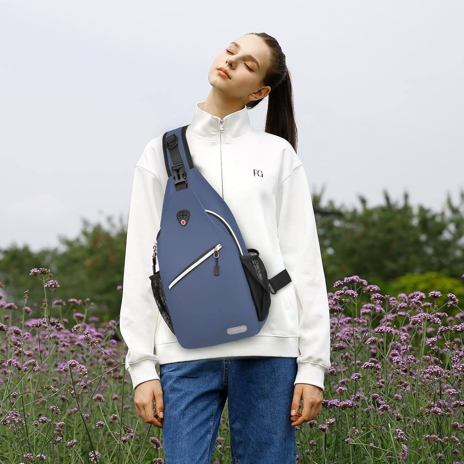 Alt View 5. mosiso - Sling Backpack Multipurpose Crossbody Shoulder Bag Travel Hiking Daypack - Haze Blue.