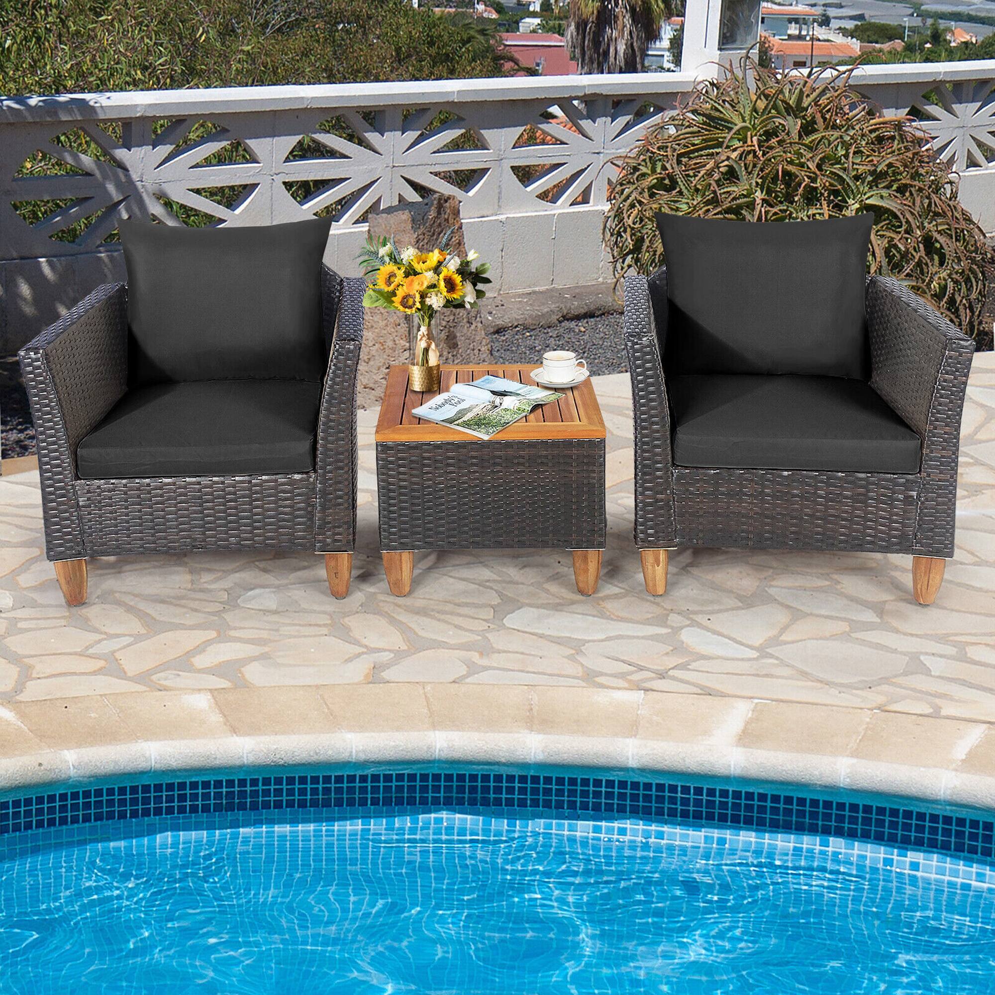 Alt View 3. Gymax - Gymax 3PCS Patio Furniture Set Conversation Bistro Set w/ Acacia Wood & Cushions Black - Black.