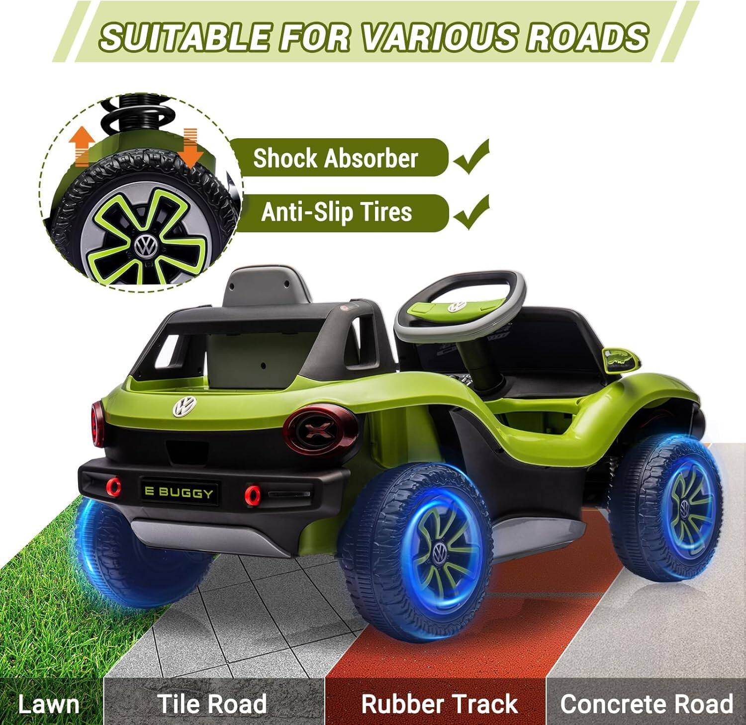 SUITABLE FOR VARIOUS ROADS

- Shock Absorber
- Anti-Slip Tires

Lawn
Tile Road
Rubber Track
Concrete Road