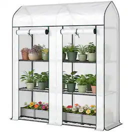 Outsunny - Tier Mini Greenhouse, Small Portable Greenhouse with 2 Roll-up Doors - White