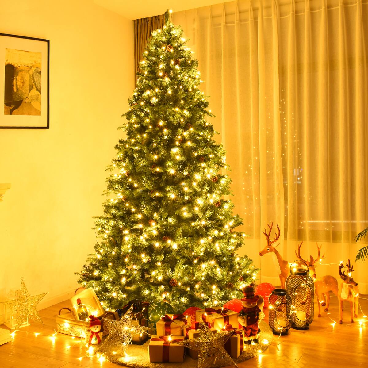Alt View 12. Costway - 8Ft Pre-Lit Christmas Tree Hinged 600 LED Lights Pine Cones - Green.