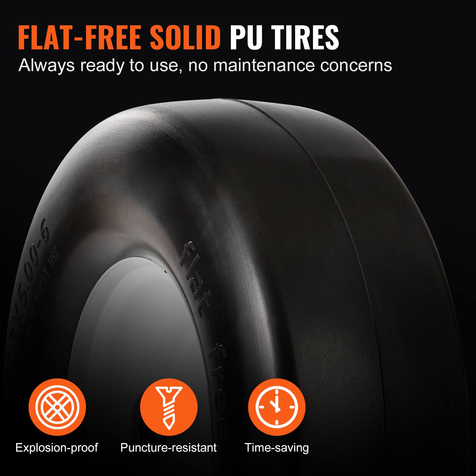 FLAT-FREE SOLID PU TIRES  
Always ready to use, no maintenance concerns  

- Explosion-proof  
- Puncture-resistant  
- Time-saving  

USE 8X5.00-6 HICHWAY