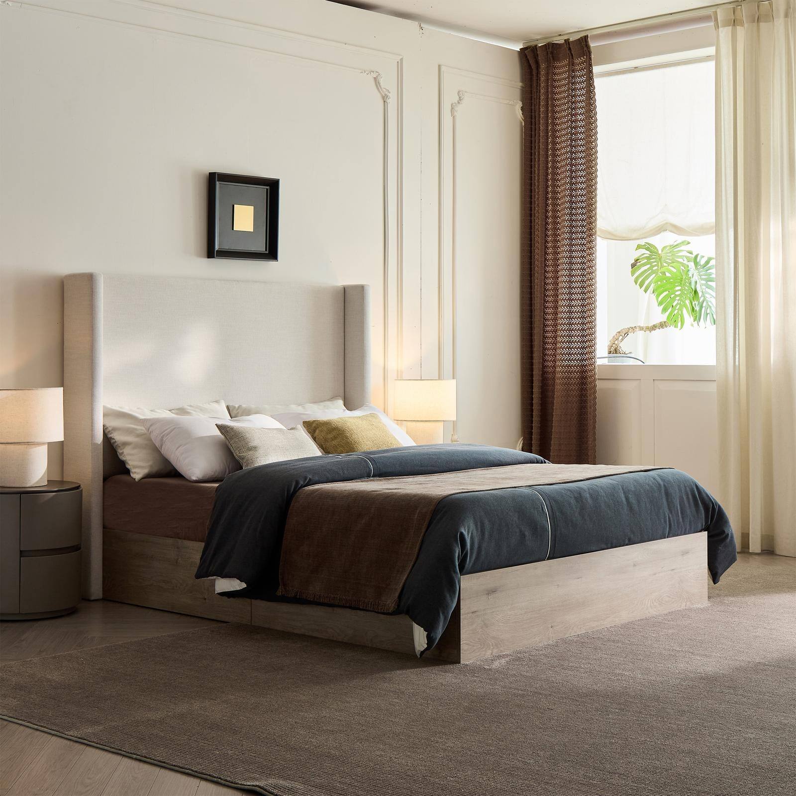 Angle. Spaco - Spaco Queen Size Bed, Upholstered Wingback Bed, 54 Inch Headboard, Ivory Chenille, Modern Farmhouse Design for Bedroom - Grey+Oak.