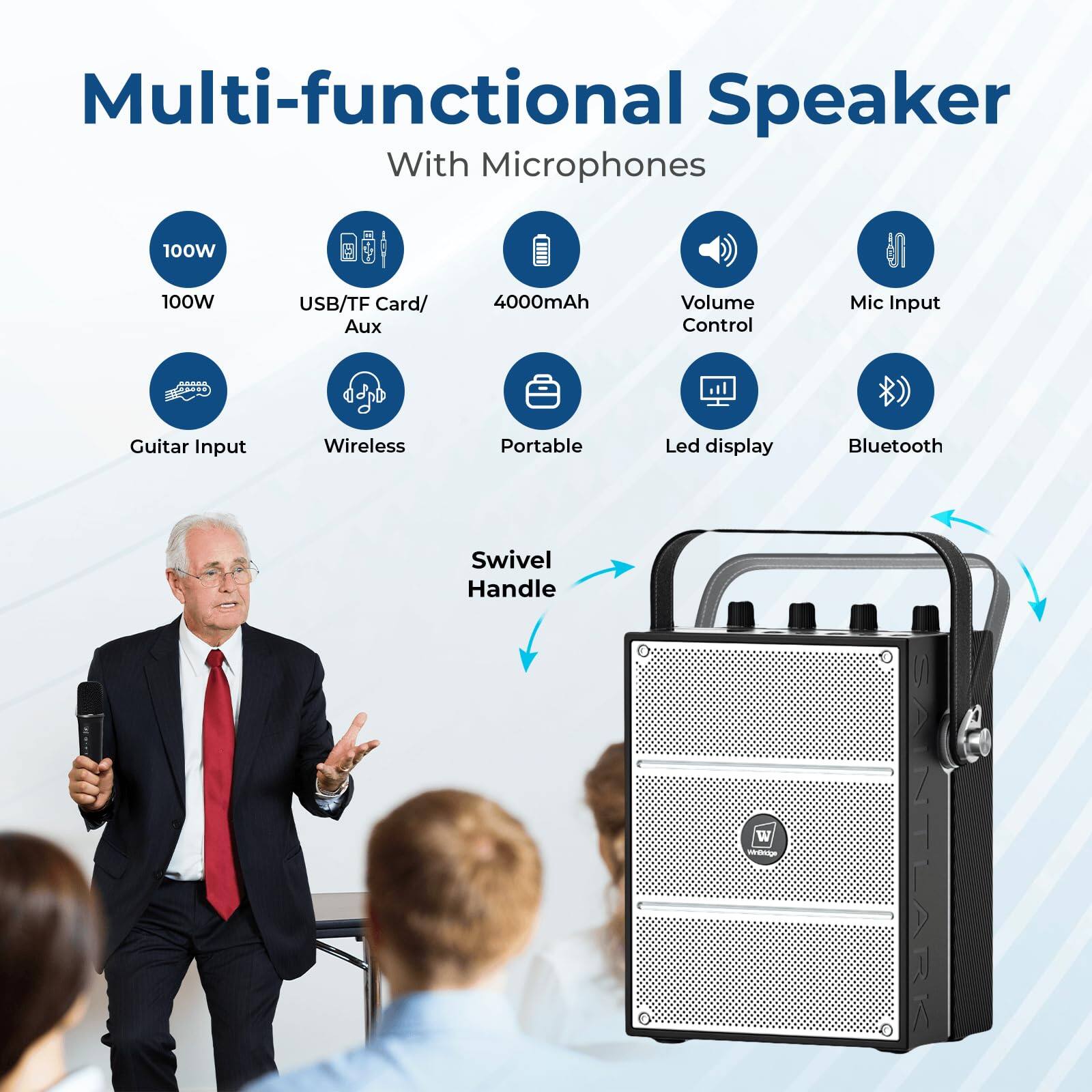 Multi-functional Speaker With Microphones

- 100W
- 100W
- USB/TF Card/Aux
- 4000mAh
- Volume Control
- Mic Input
- Guitar Input
- Wireless
- Portable
- Led display
- Bluetooth
- Swivel Handle