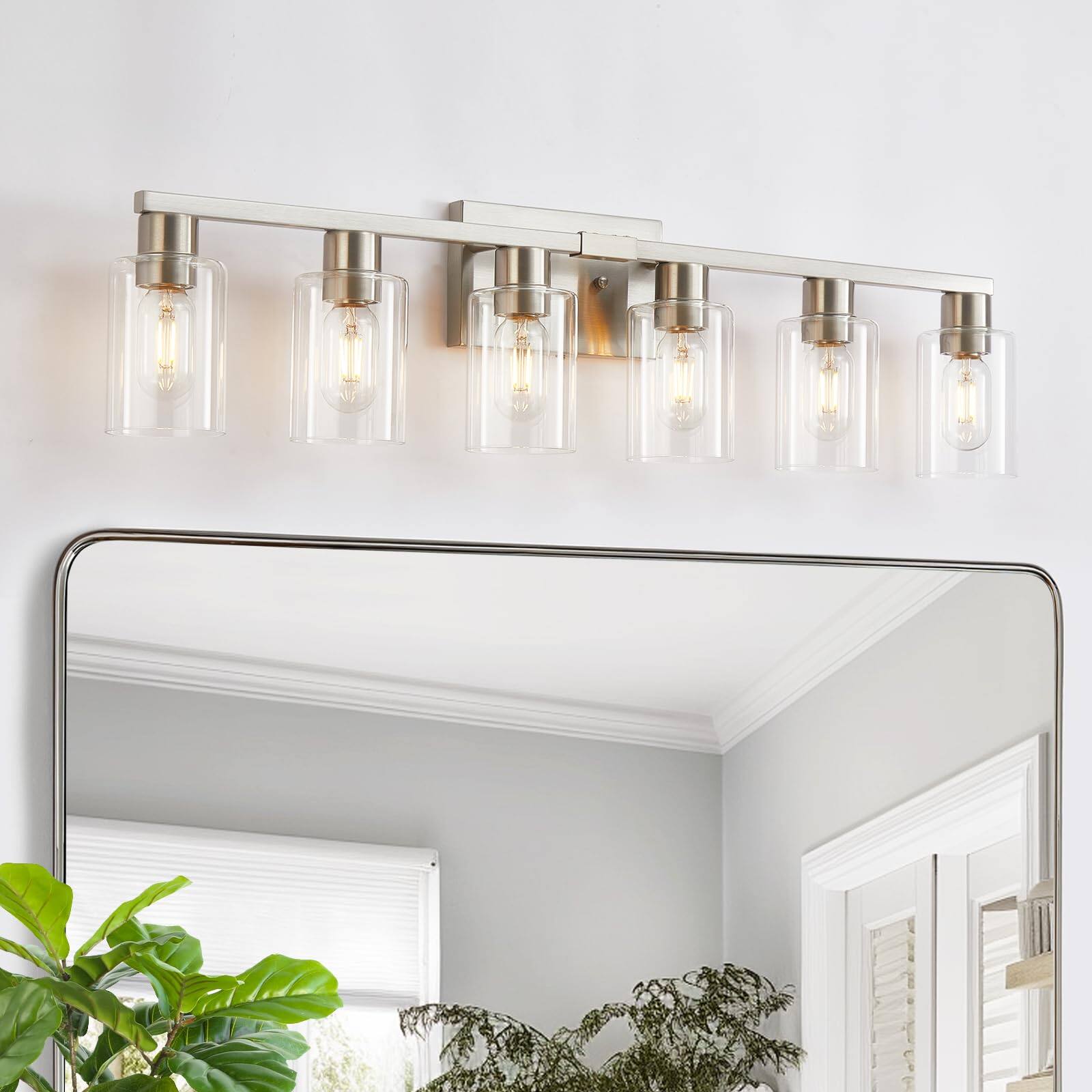 Earthley Blooms - Bathroom Light Fixtures 6-light Lighting Over Mirror With Clear Glass Shade Matte Vanity Lights Fixture F - Brushed Nickel-8 Light